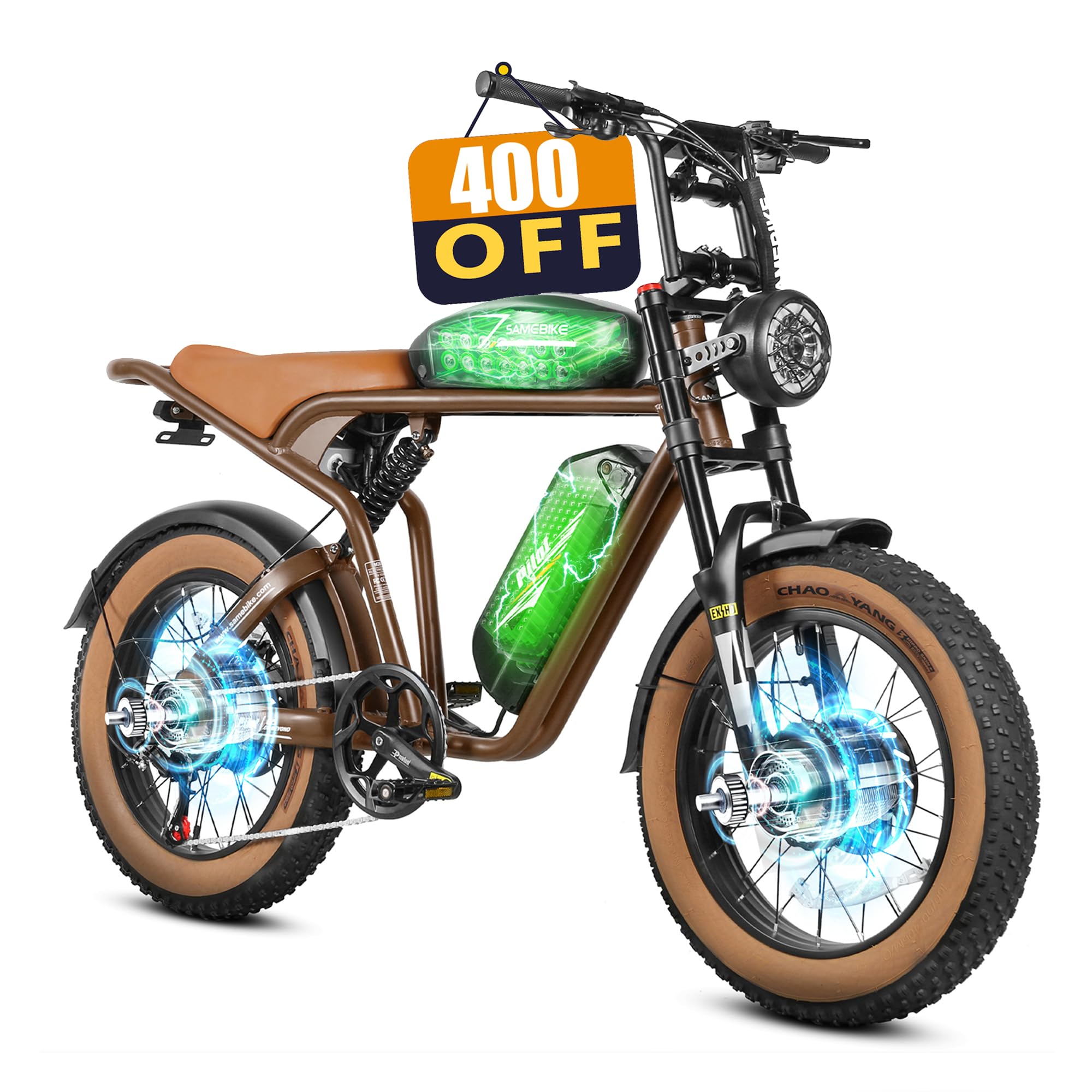 SAMEBIKEElectric Bike for Adults 2000W, 48V 36Ah Electric Motorcycle for Adults, 34Mph&136Miles Removable Dual Battery Ebike Hydraulic Full Suspension, 20"x4.0" Fat Tire Ebike, 7-Speed&UL Certified
