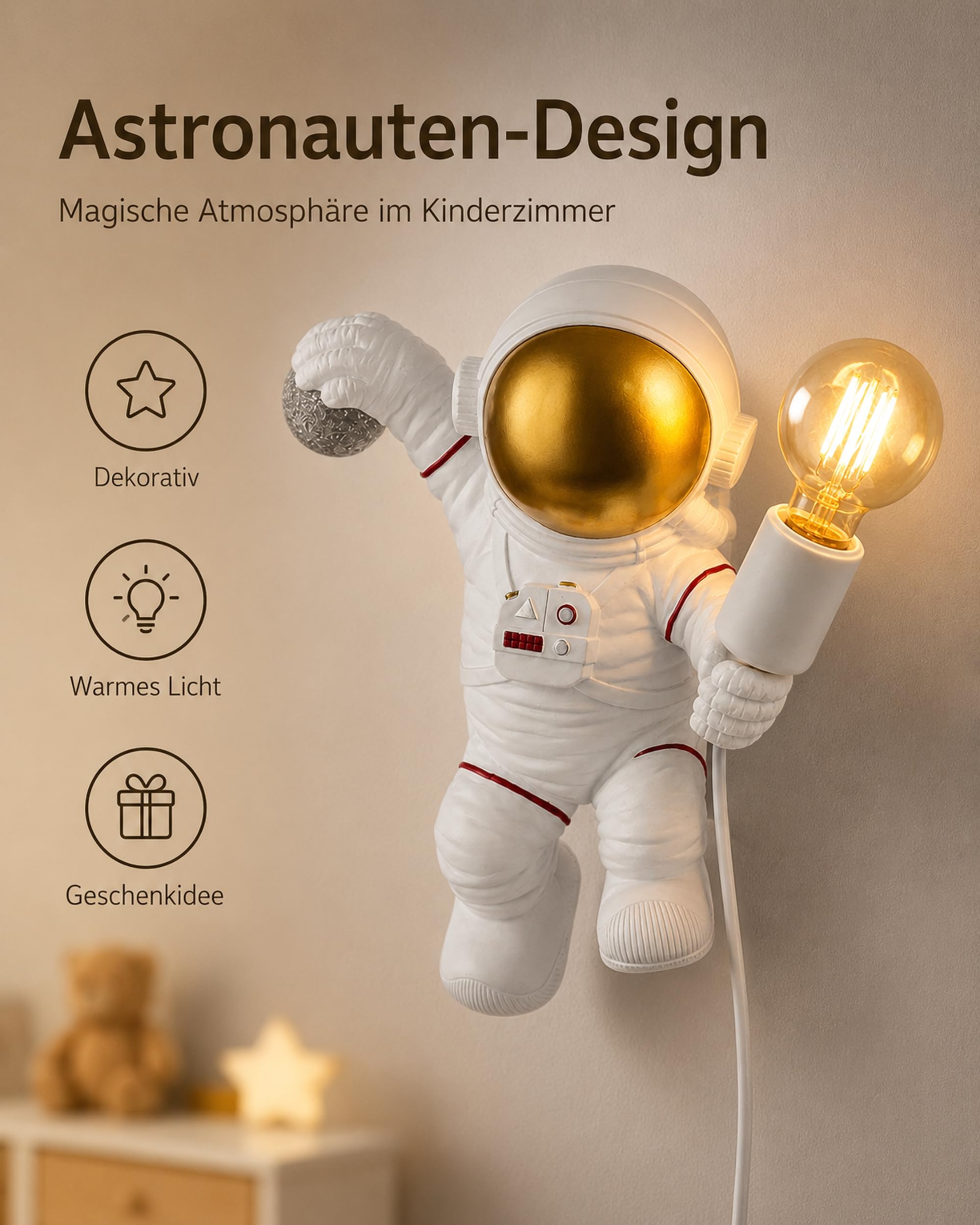 ACMHNC Lámpara de Pared Infantil Con Enchufe y interruptor, Decorativa Astronauta Aplique de Pared Para Habitación de Niños Con Cable 1,5 M, E27 Iluminación Pared Interior Para Niños y Niñas, Blanco