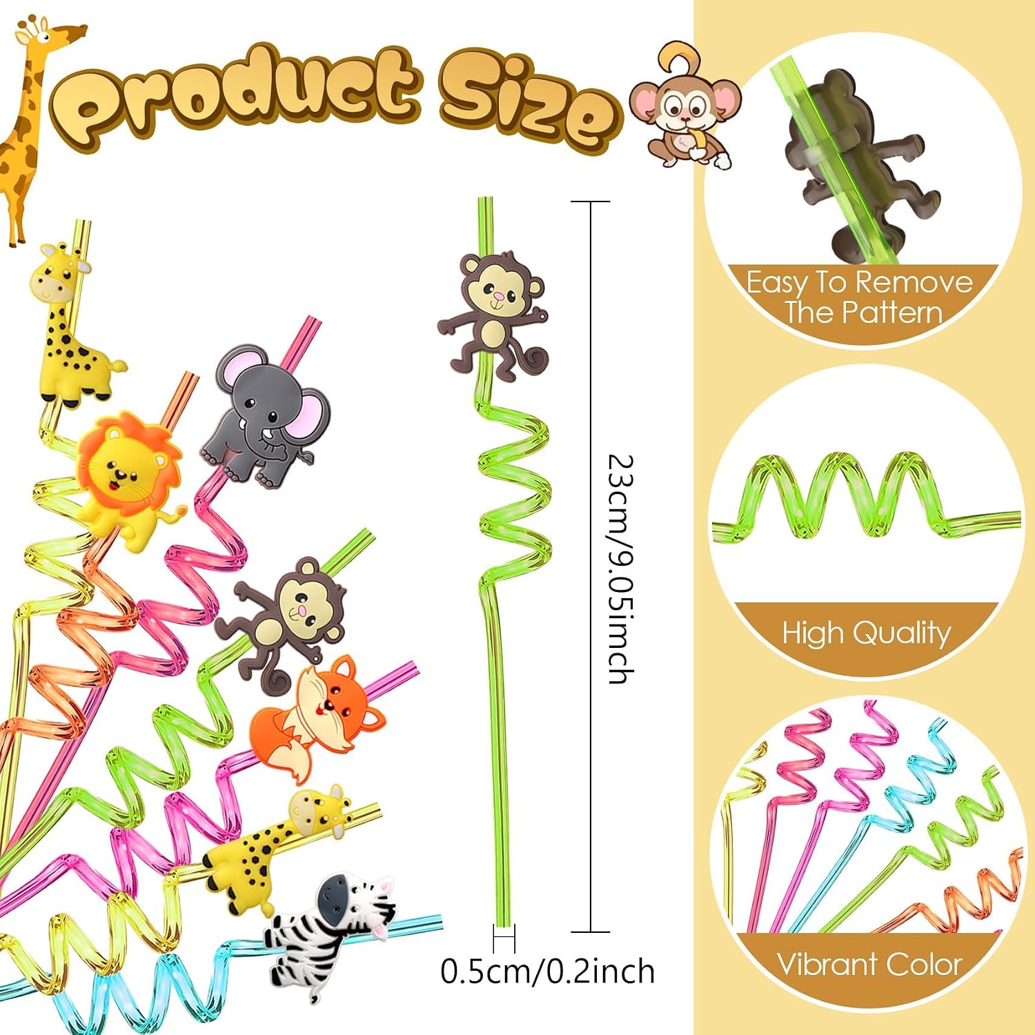 AFZMON Jungle Safari Animal Party Favors Silly Plastic Straws Bulk, 24Pcs Wild Straws for Kids Toddlers Zoo Birthday Party Goodie Bags Stuffers Classroom Gifts Decorations