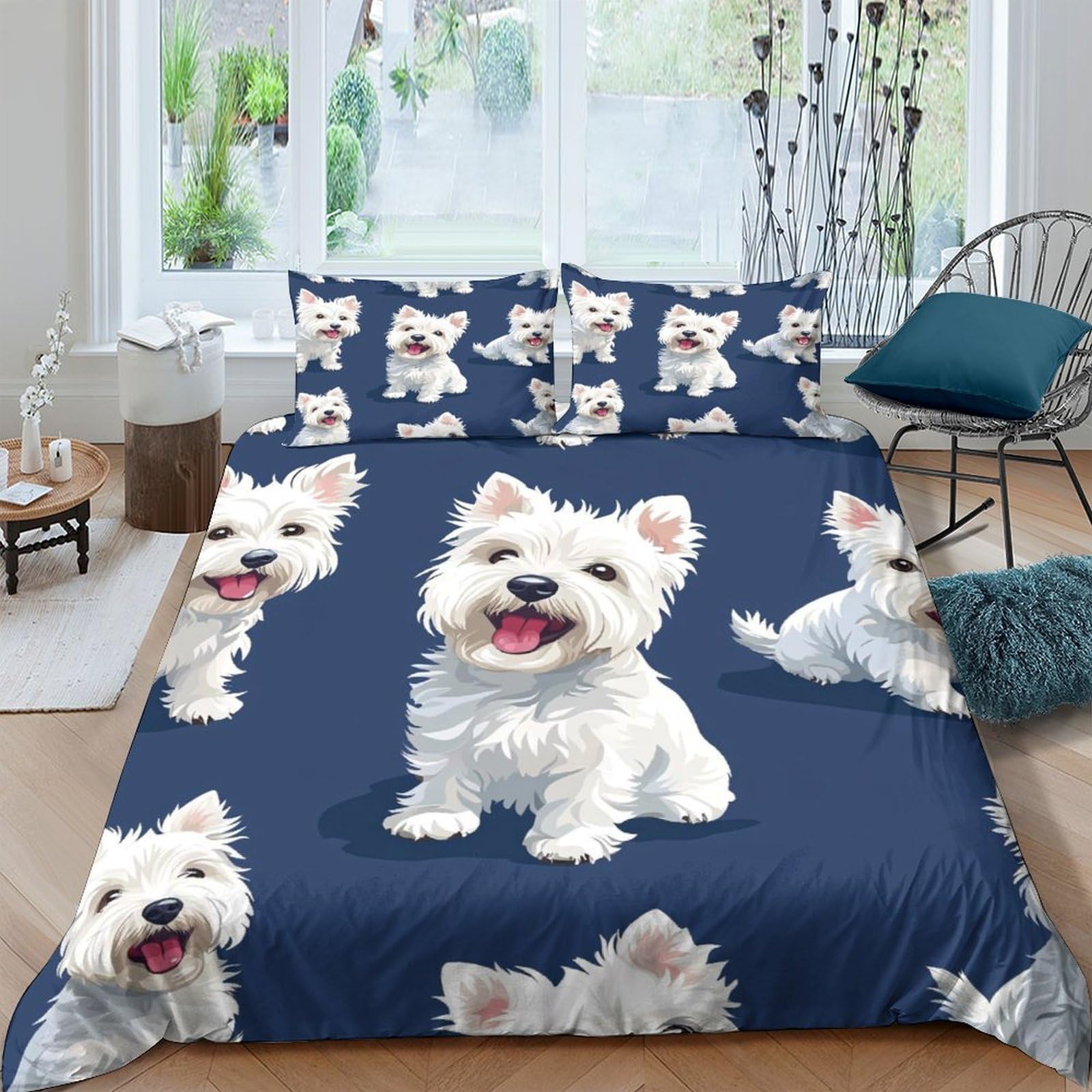Ctjqhvkz Style-4 3D Printed White Westie Dog Fitted Sheet Microfiber Anti-Slip Blue Cartoon Puppy Bed Cover For Bedroom Dorm Mattress Decor Single（135X200cm）