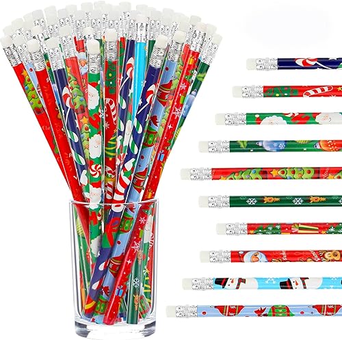 Outus Lápices de madera navideños con borrador para niños, a granel con elementos navideños para fiestas de Navidad, suministros de regalo de