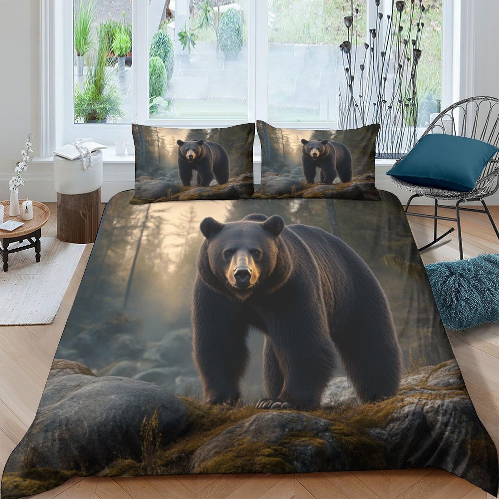 GPLZQXKJNH 3D Printed Brown Bear Forest Duvet Cover Microfiber Bedding Set with 2 Pillowcases, Breathable for Bedroom Décor Single（135x200cm）