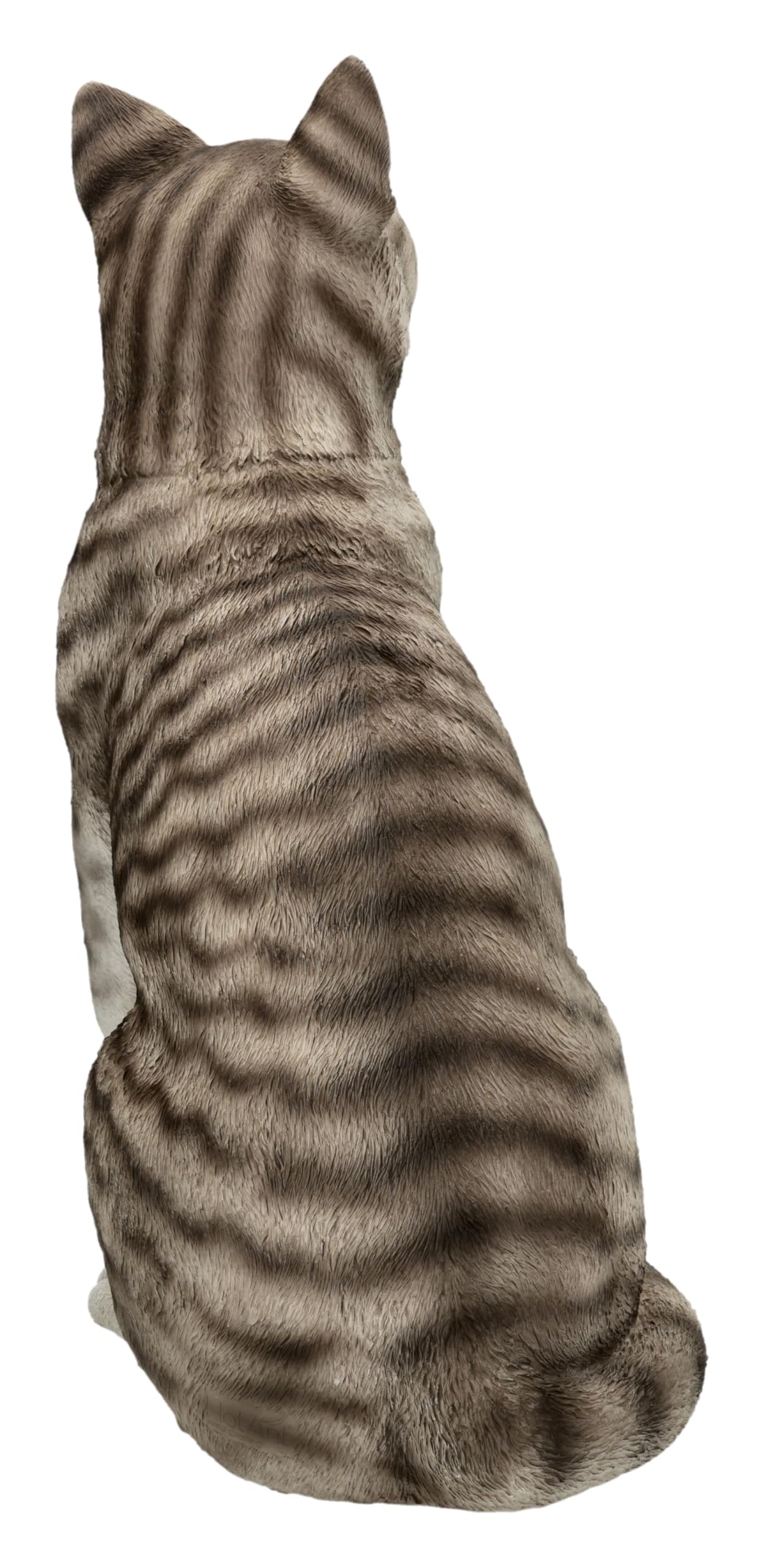 Figuren Shop GmbH Gartenfigur Katze sitzend 34,5 cm – grau getigerte Katzenfigur mit erhobener Pfote aus Polyresin, handbemalt und wetterfest – Tierfigur Gartenskulptur für Haustür und Terrasse