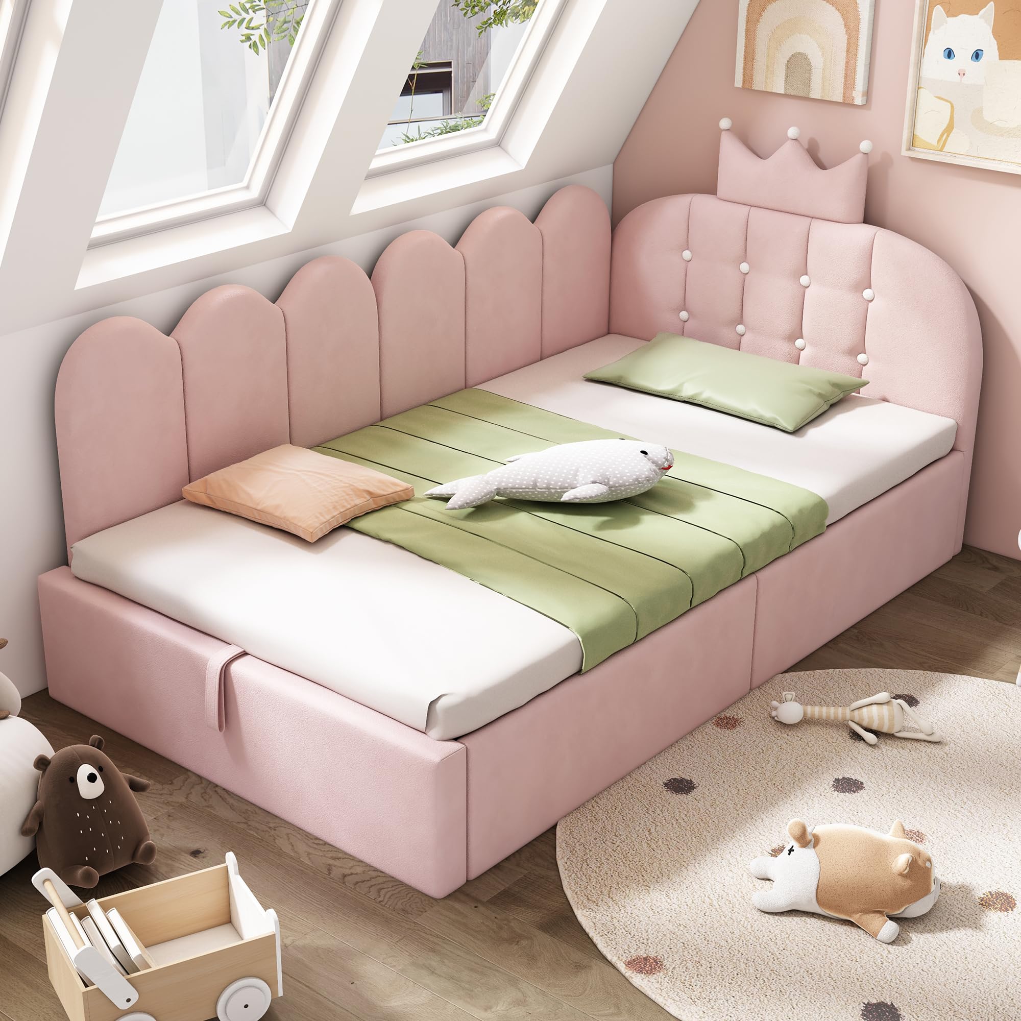 Mrwoo Cama día 90x190 cm con Almacenamiento Hidráulico, Sofá Cama con Diseño de Corona y Rejilla, Cama Infantil, Terciopelo, Rosa(Sin Colchón)
