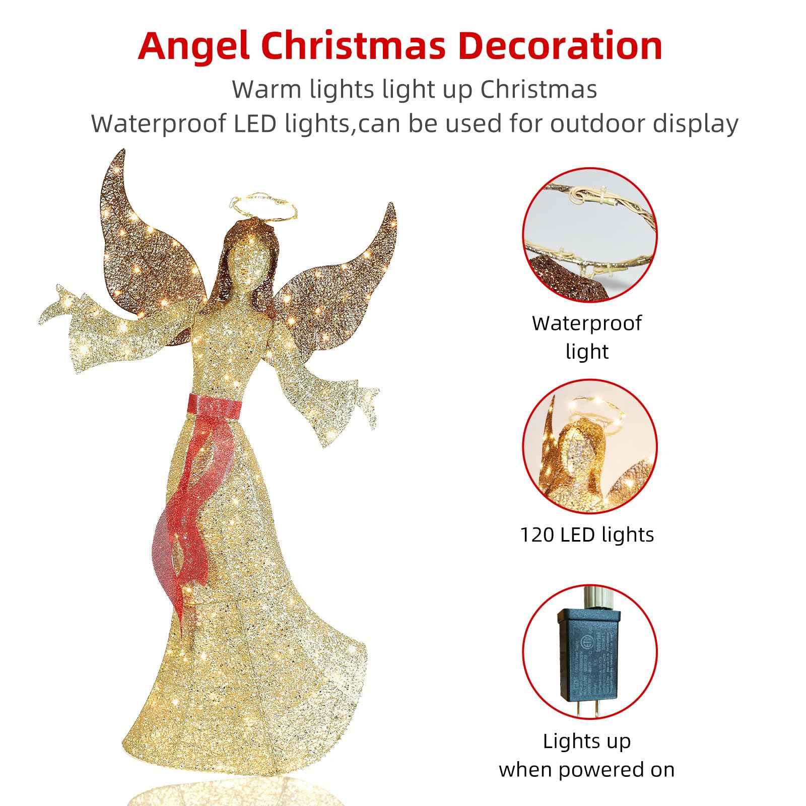 1,52 m Langer Weihnachtsengel für draußen – leuchtender Weihnachtsengel mit 120 LED-Lichtern für draußen – Elegante geflügelte Weihnachtsfigur für den Rasen - Gold