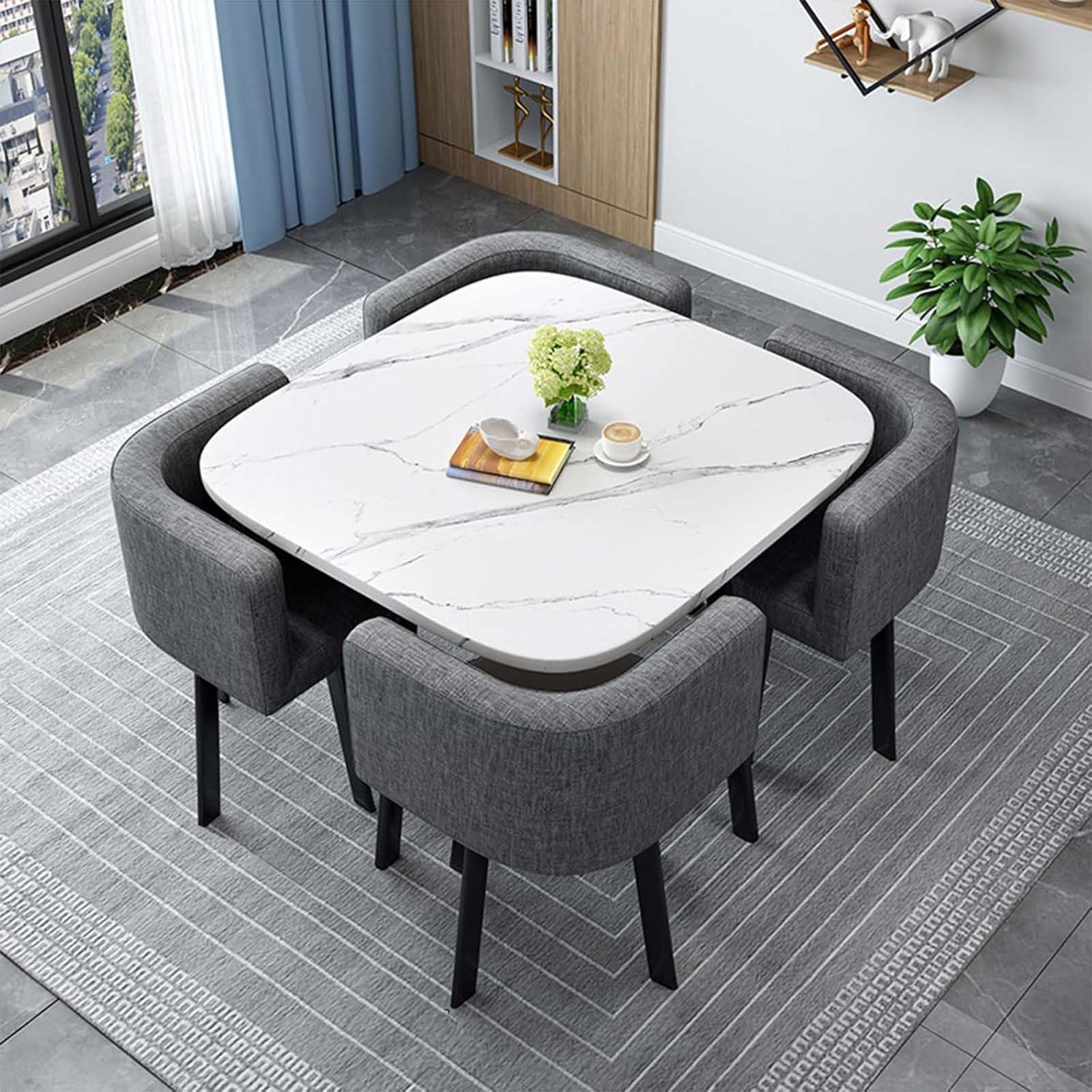 WOTZOV Modern Round Square Dining Table Set With 4 Chairs Wooden Conference Table & Reception Set 80Cm/31.5In Kitchen Furniture Ensemble,Y 80cm/31.5in