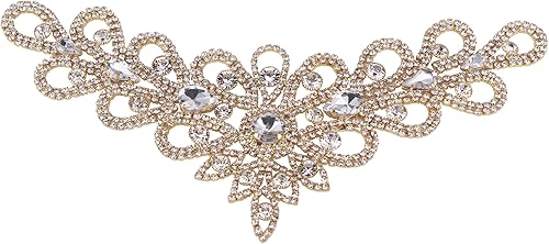 Hecho a mano Rhinestone delicado cuello en V coser en apliques de cristal parches vestidos de novia decoración de bricolaje (dorado)