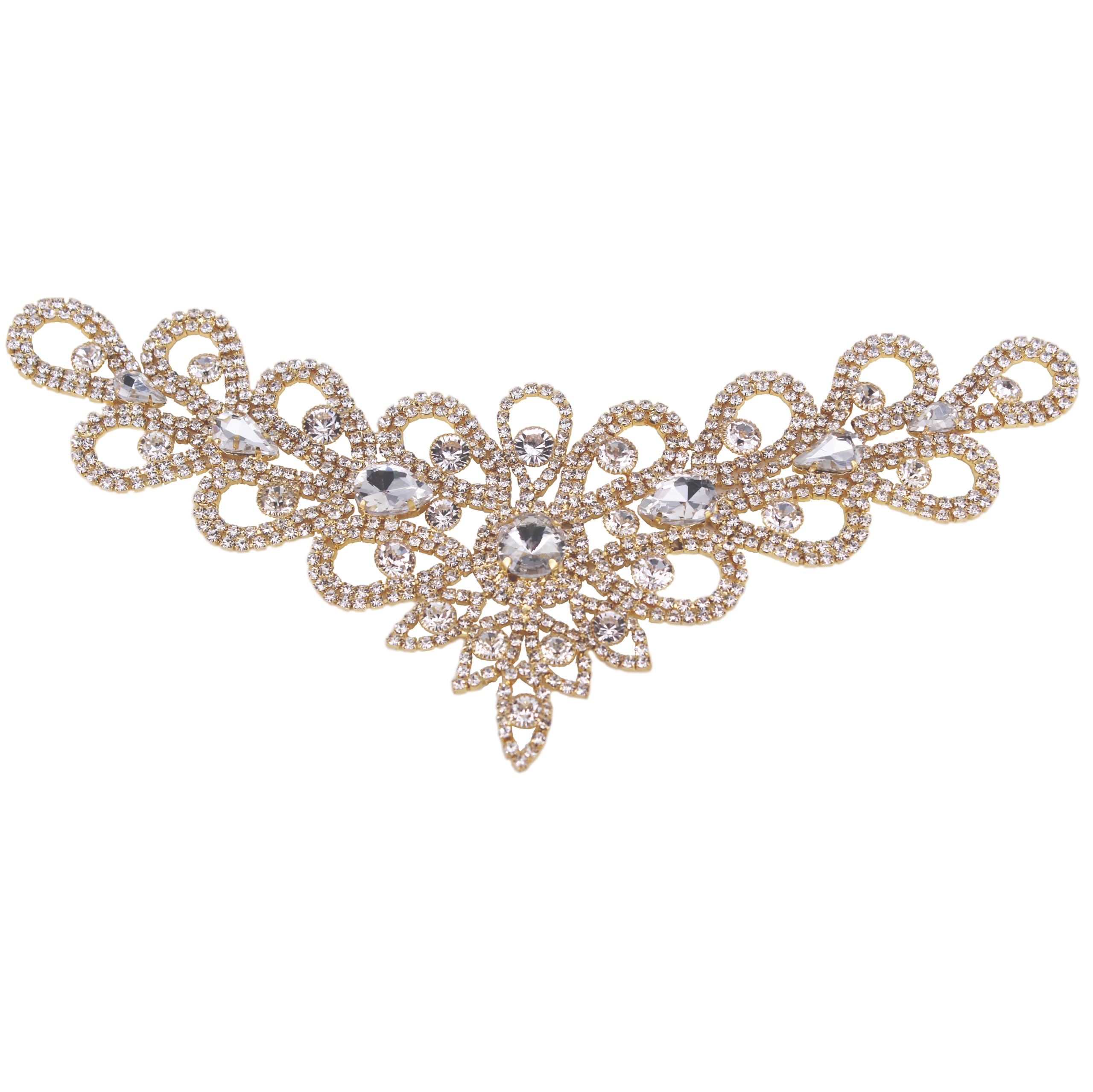 Phicmanlo Handmade Rhinestone Delicate V-Neck Neckline Sew On Crystal Applique Patches Wedding Dresses DIY Decoration (Gold)