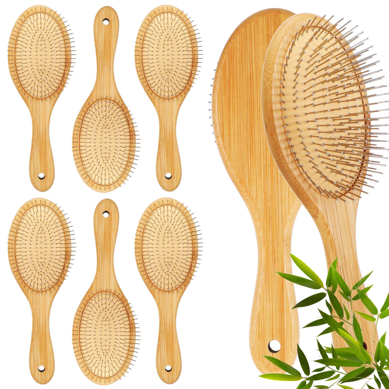 6 Pcs Bamboo Hair Brushes Bulk Natural Wooden Paddle Brush with Steel Bristles for Women Men, Anti-Static Detangling Hairbrush Lightweight Massage Scalp Combs for All Hair types (Oval)