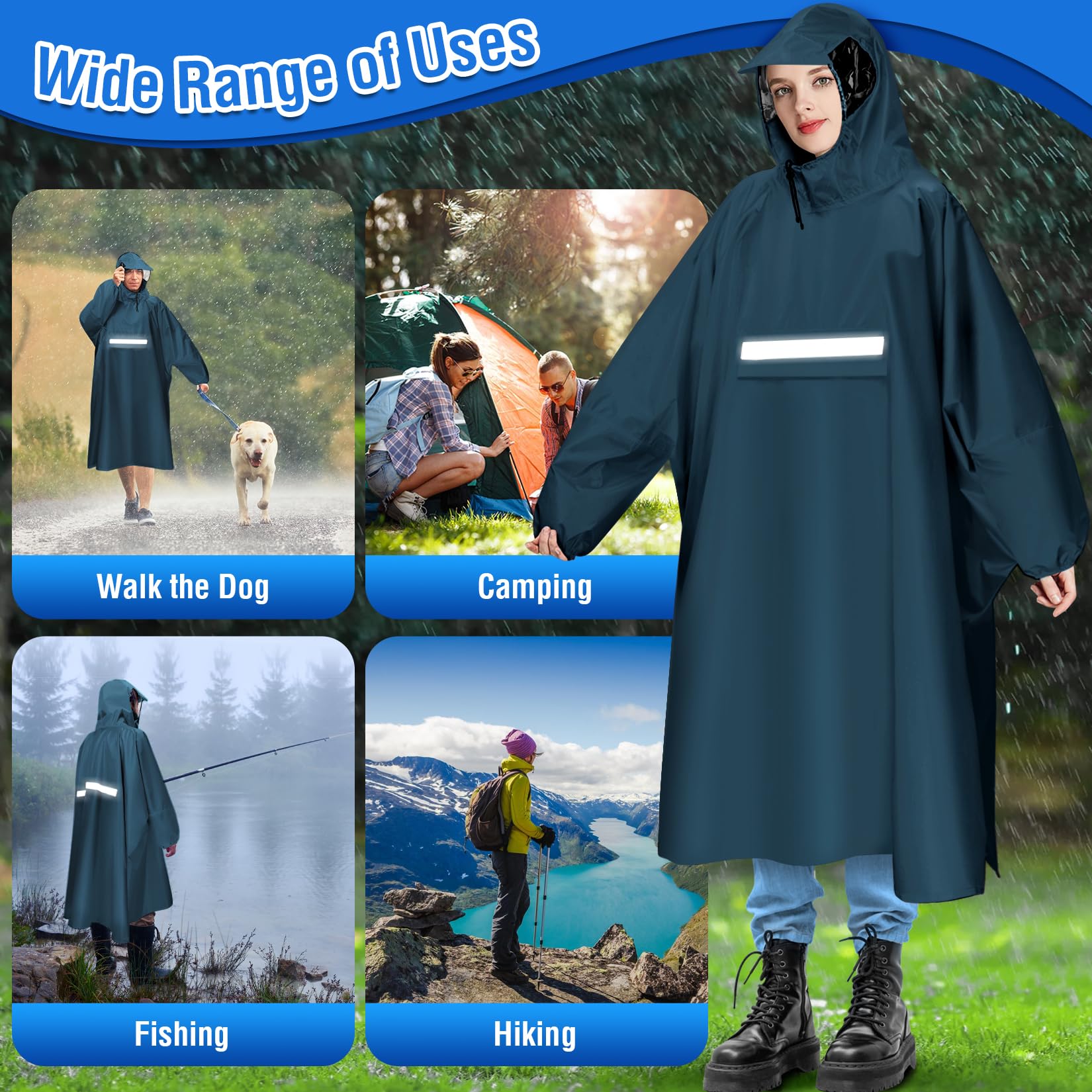Regenponcho Herren Damen Wasserdichter Regenponcho für Fahrrad Wiederverwendbar Regen Poncho mit Reflektierenden Streifen Leichtes Atmungsaktives Regencape für Radfahren, Wandern, Angeln