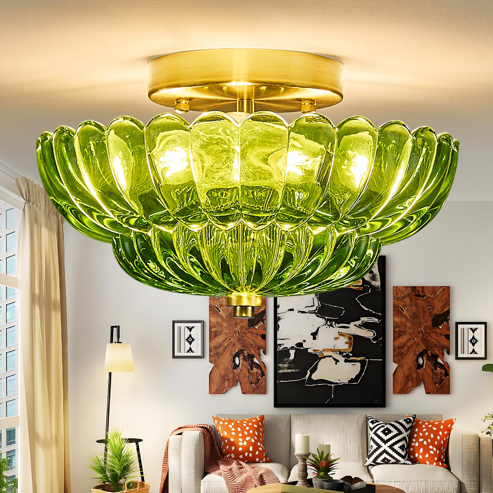 FHKLZCI 3-Lights Mid Century Modern Vintage Semi Flush Mount Ceiling Light Fixture,Gold Surface Treatment,Green Flower Glass,for Hallway Bedroom