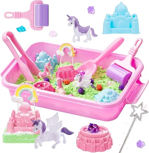 Cubo sensorial de unicornio, juguete de unicornio para niños, moldes de castillo, kit de arte de arena para niños y niñas, arena sensorial para