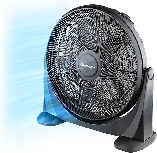 Comfort Zone Ventilador de piso de alta velocidad de 20 pulgadas con 3 velocidades, inclinación ajustable de 180, potente ventilador de dormitorio
