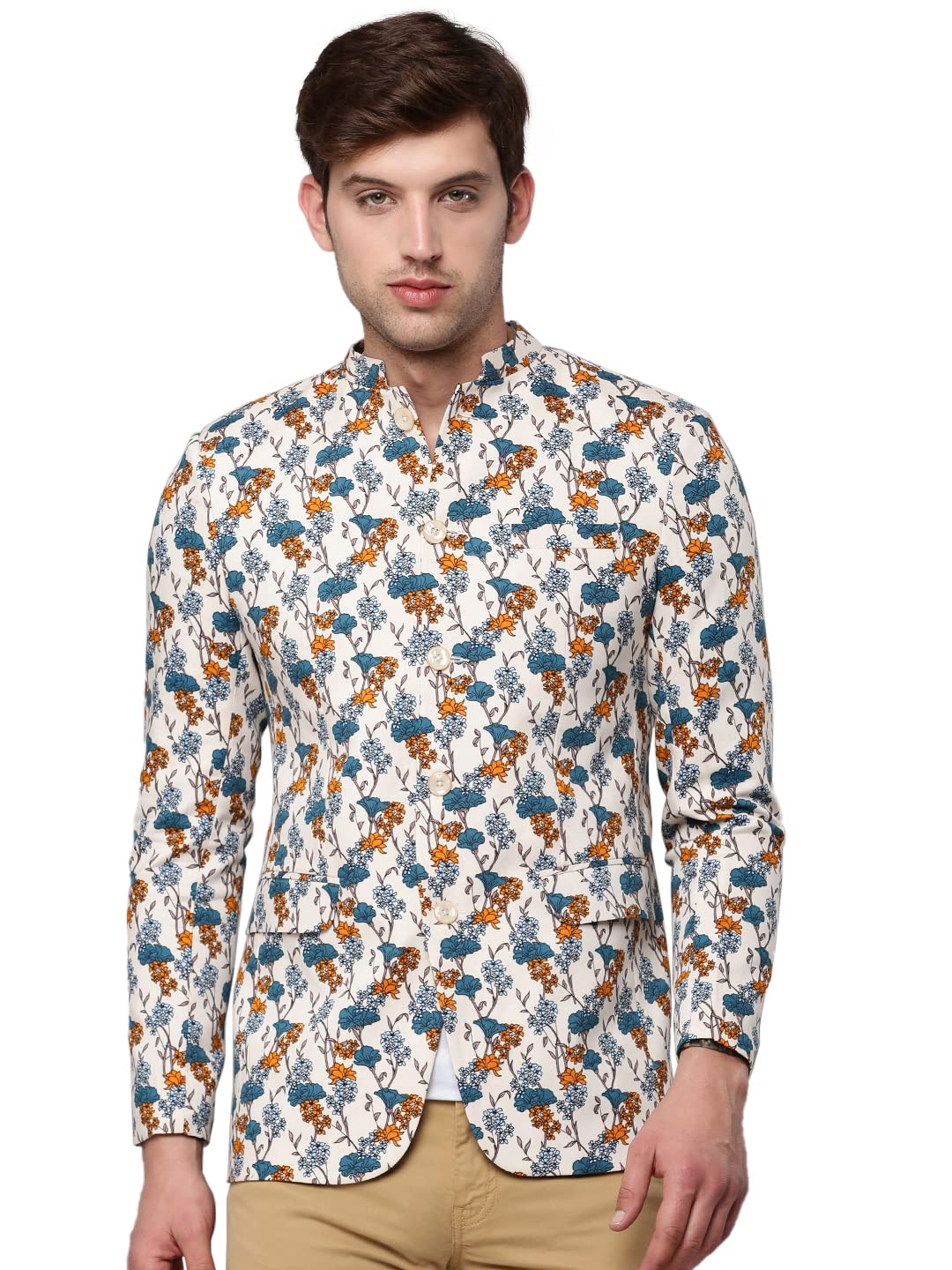 showoffff SHOWOFF Men's Mandarin Collar Printed Cream Open Front Blazer-SOBLZ-292_Cream-picture-19