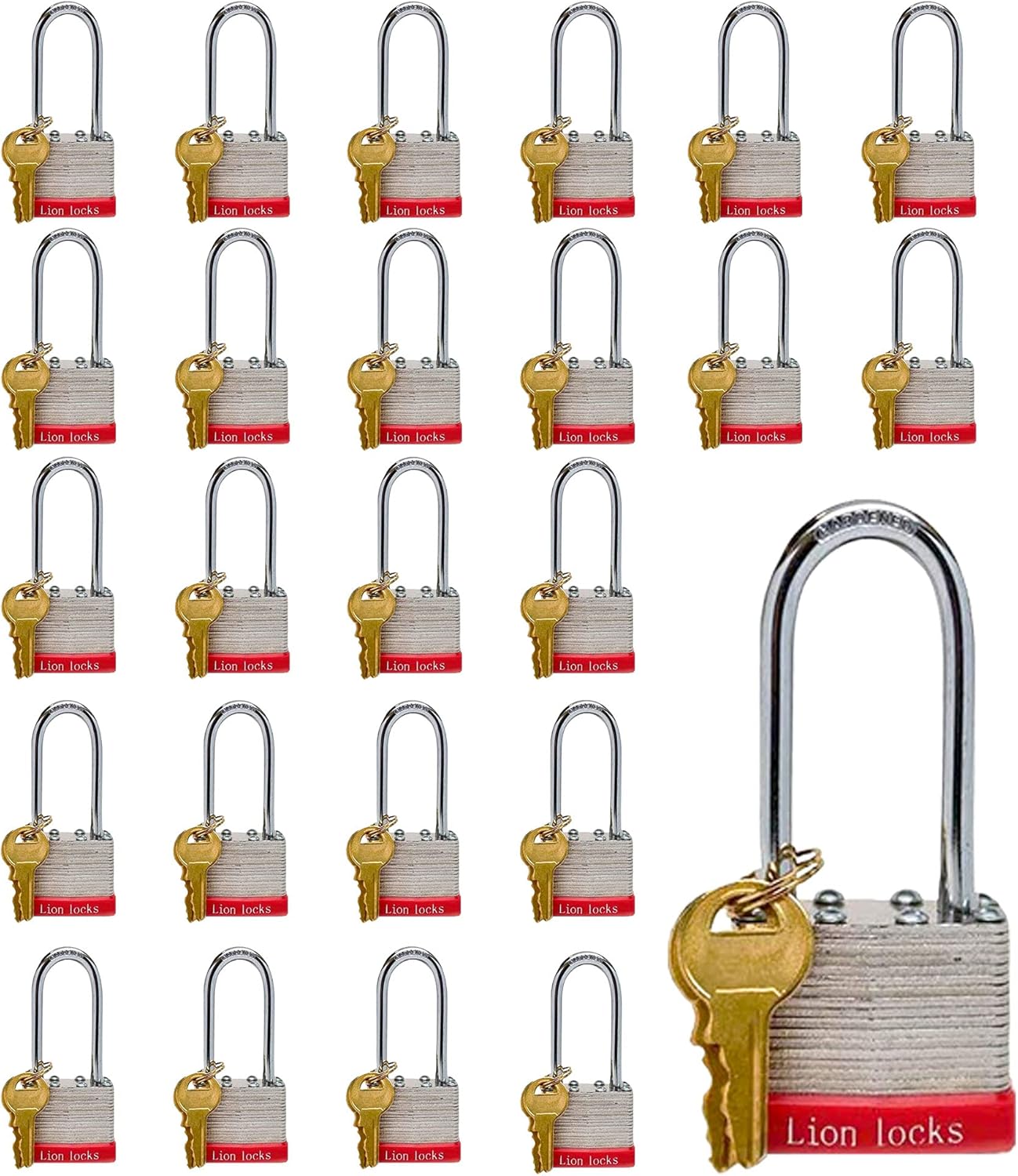 Get Cheap Price Lion Locks 24 Keyed-Alike Padlocks w/ 2” Long Shackle, 48 Keys, Hardened Steel Case, Pick Resistant Brass Pin Cylinder (24-Pack) for Hasp Latch, Shed, Fence, Gate Chain, Cable, Locker Lock, Gym Door