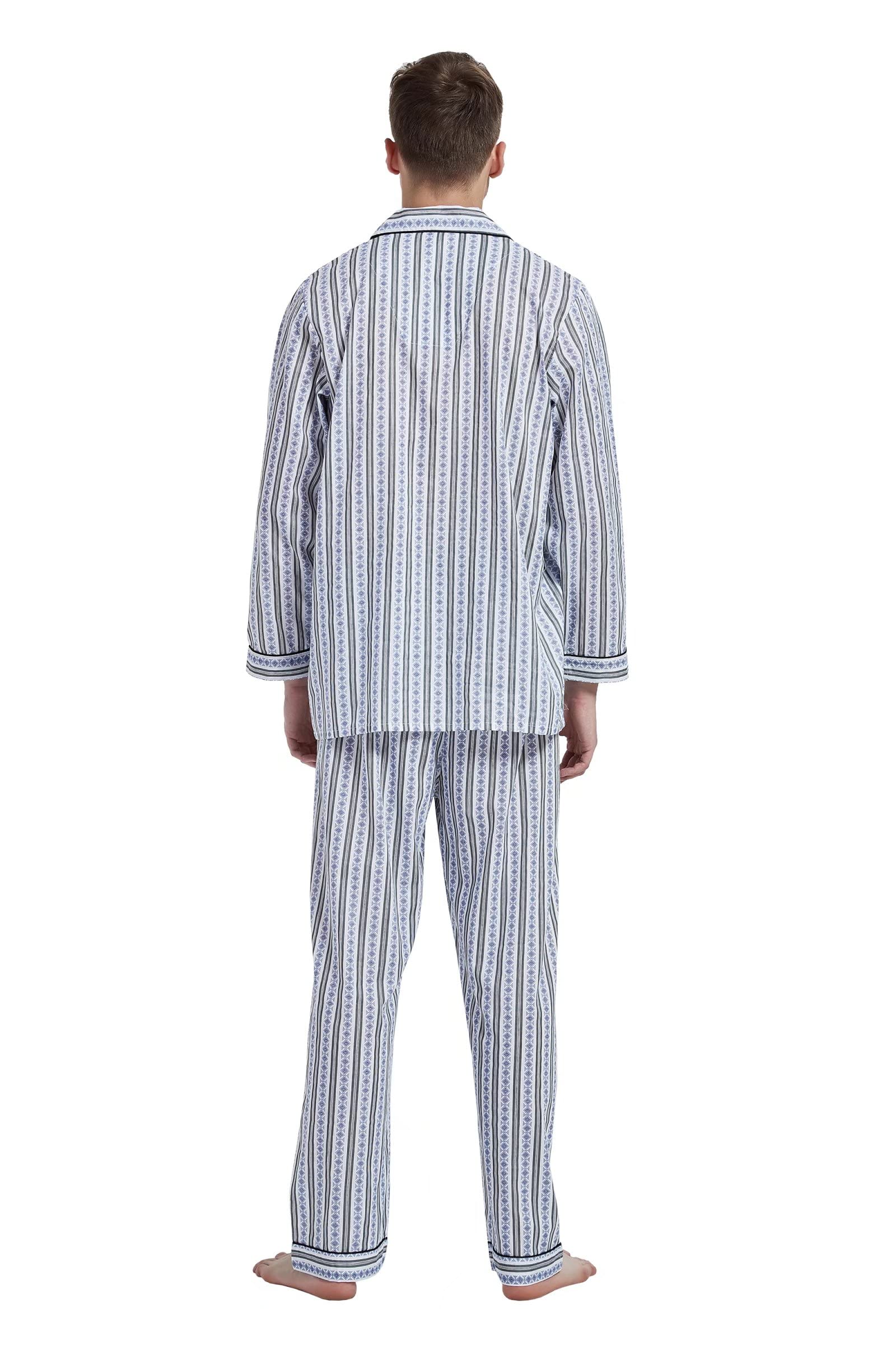 Amaxer Herren Zweiteiliger Schlafanzug Baumwolle Pyjama Set Nachtwäsche Hausanzug Langarm Oberteil mit Taschen Schlafanzughose mit Kordelzug