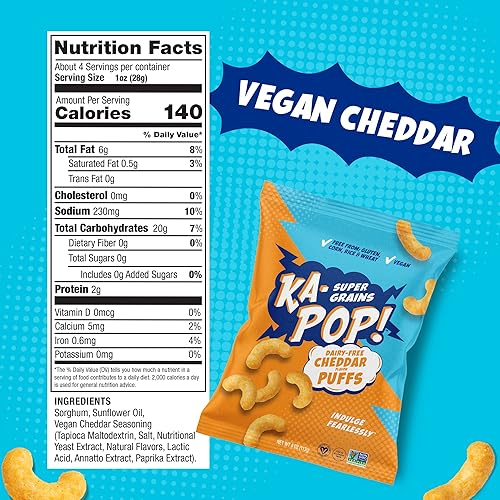 Miniatura 2 de Ka-Pop Super Grain Puffs Cheddar libre de lácteos 4 oz paquete de 6  vegano sin gluten Paleo Friendly Antiguo Grano Sorghum Alérgenos Sin OMG Sin
