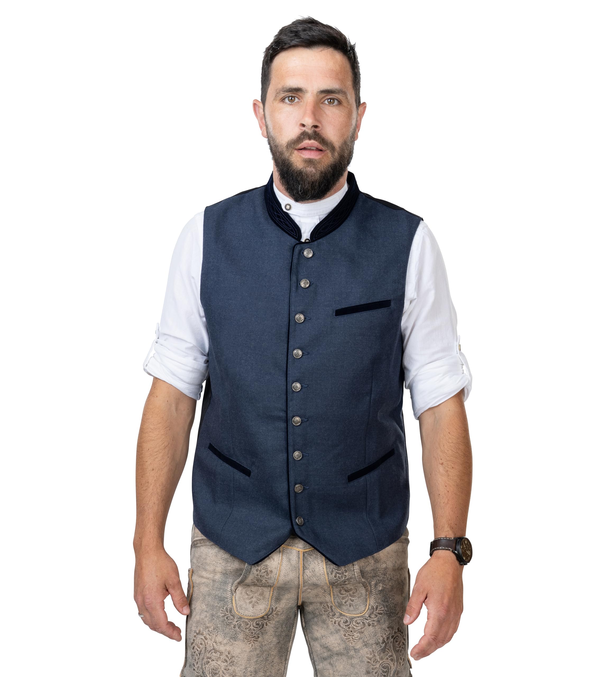 Schöneberger Trachten klederdrachtvest voor heren, groen-olijf, vintage lodenvest voor Oktoberfest, linnen vest, leren broek, klederdrachtgilet Hubertus, Olijfgroen, 48