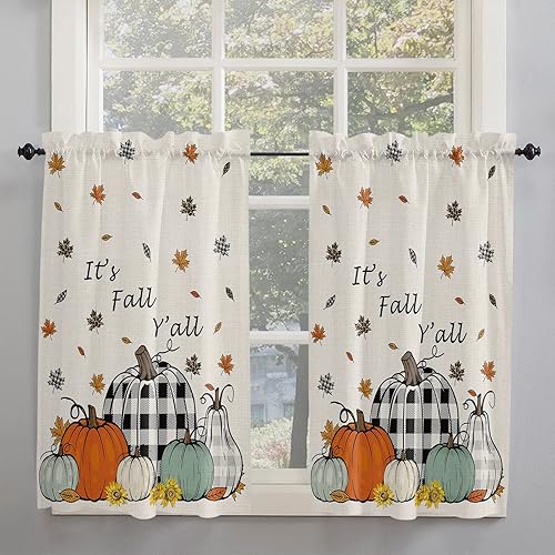 Kitchen Curtains 2 Panels Rod Pocket Tier Curtain Fall Plaid Pumpkin Maple Leaves Window Valance,Light Filtering Window Treatment Thanksgiving