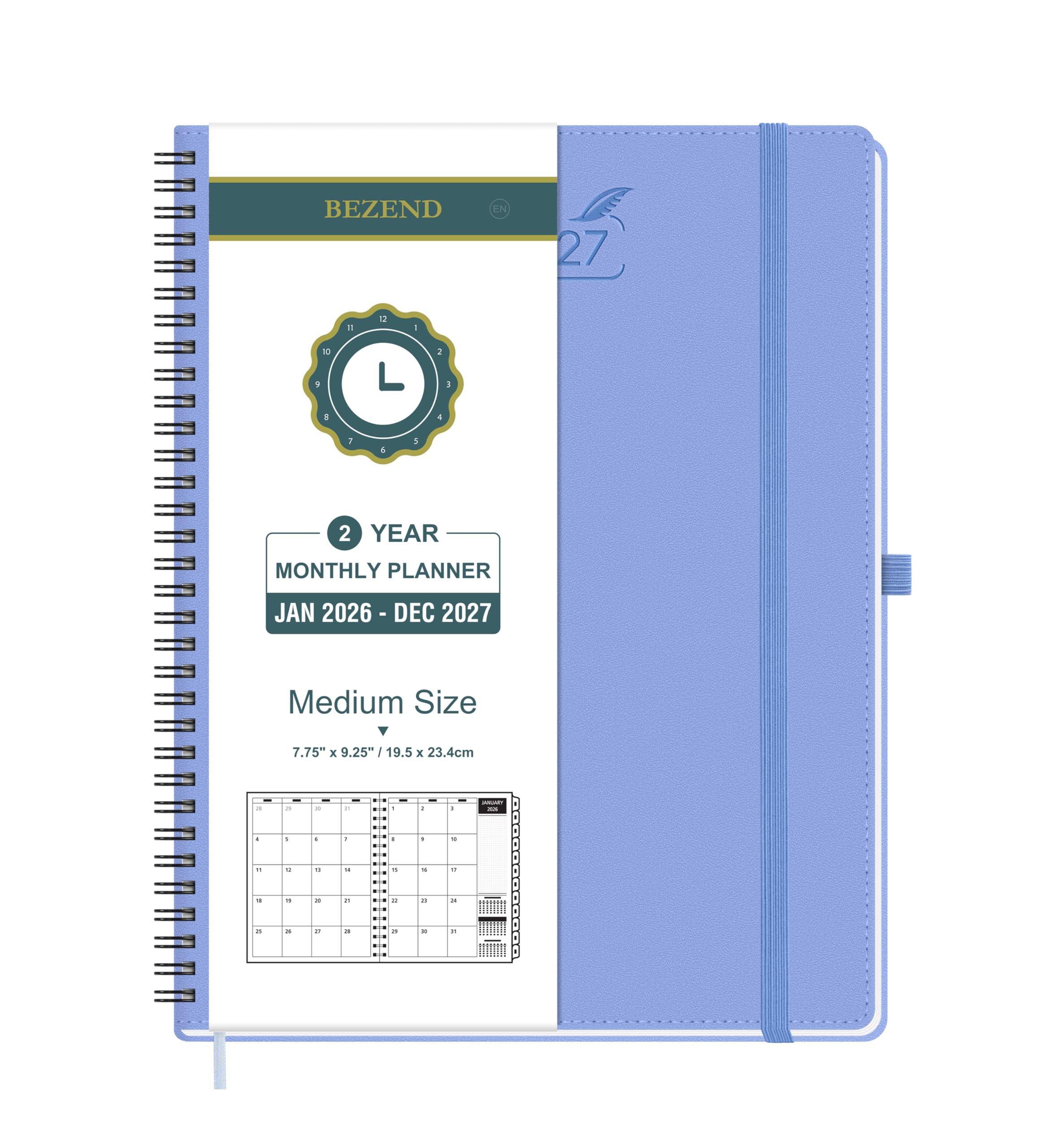 BEZEND Month to View Diary 2026-2027 with Notes (Jan 26 - Dec 27), Monthly Planner 23.4 x 19.6cm - 120 GSM Thick Paper, 2 Year Spiral Calendar with Tabs & Storage Pockets, Soft Cover, Cornflower โ image 1