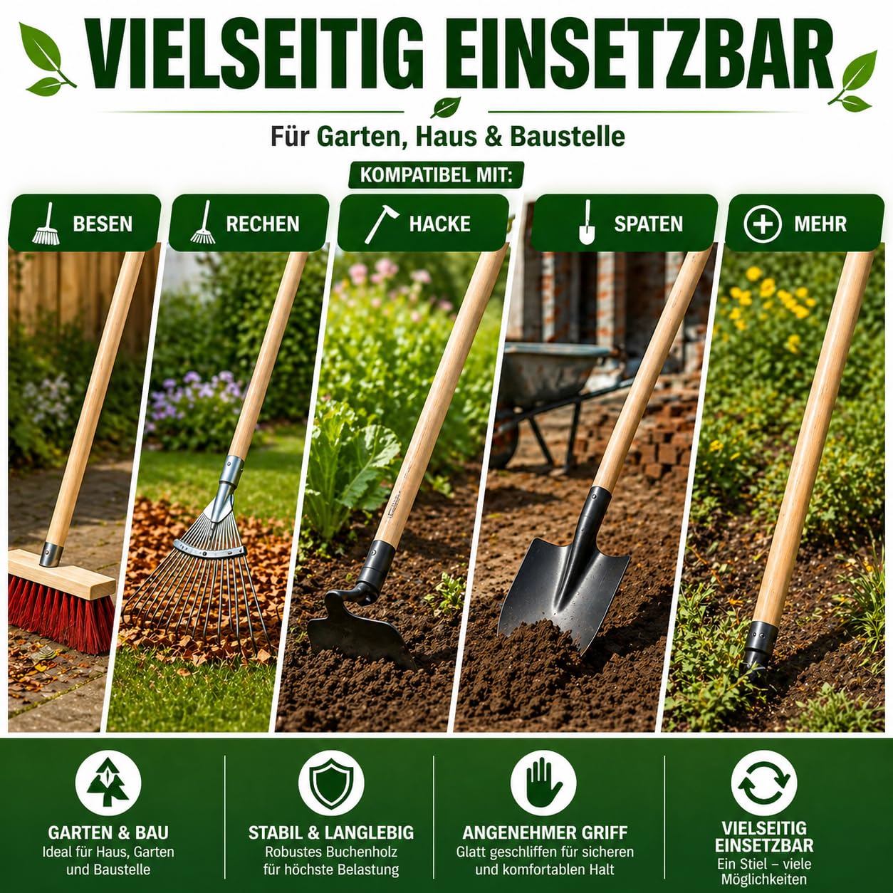 All4All Besenstiel 120cm - Holzstiel - Gerätestiel - Spatenstiel - Ersatz - Spaten - Stiel aus Buch - Ersatzstiel - Gartengeräte - Buchenholz - Spatenstiel (10 Stück)