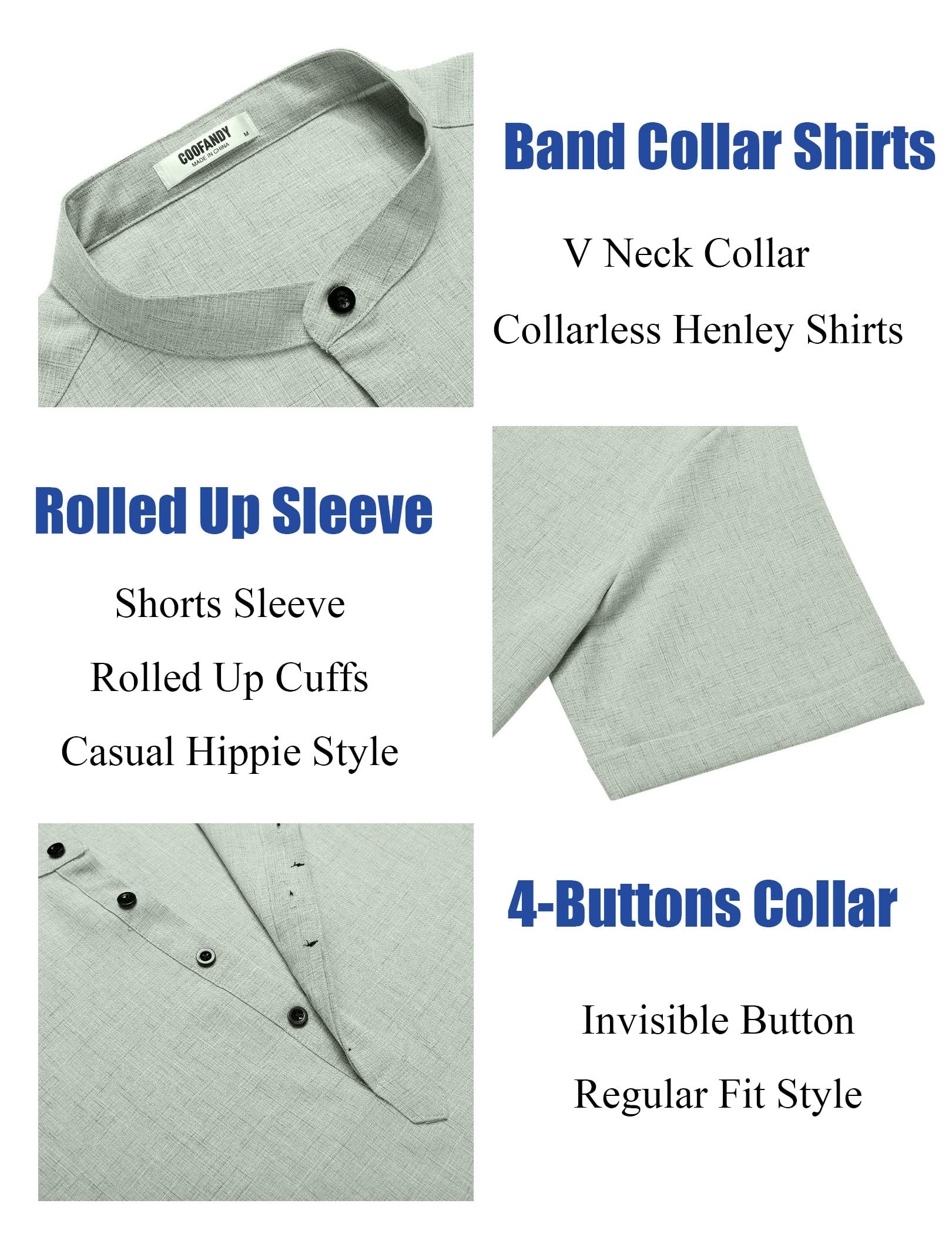 COOFANDY Camicia da uomo in lino Henley a maniche corte, casual, estiva, da spiaggia, hippie