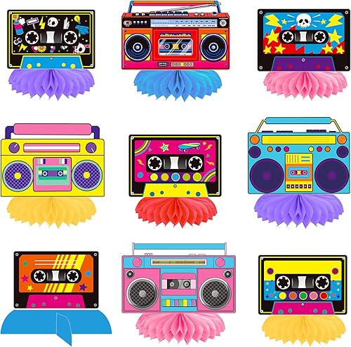 Boom Box and Cassette Tape Centro de mesa de panal de abejas de los años 80 y 90, decoraciones de fiesta de radio, centros de mesa Boombox,