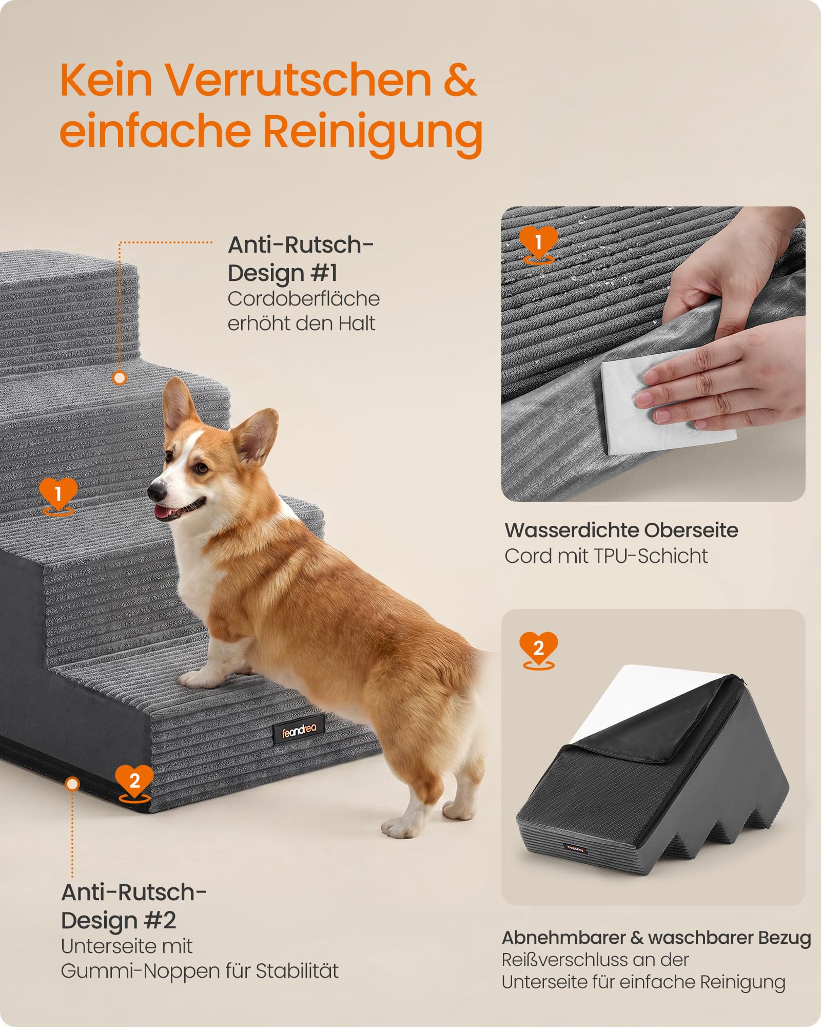 Feandrea Hundetreppe, 4 Stufen, aus Schaumstoff, 62 x 40 x 44 cm