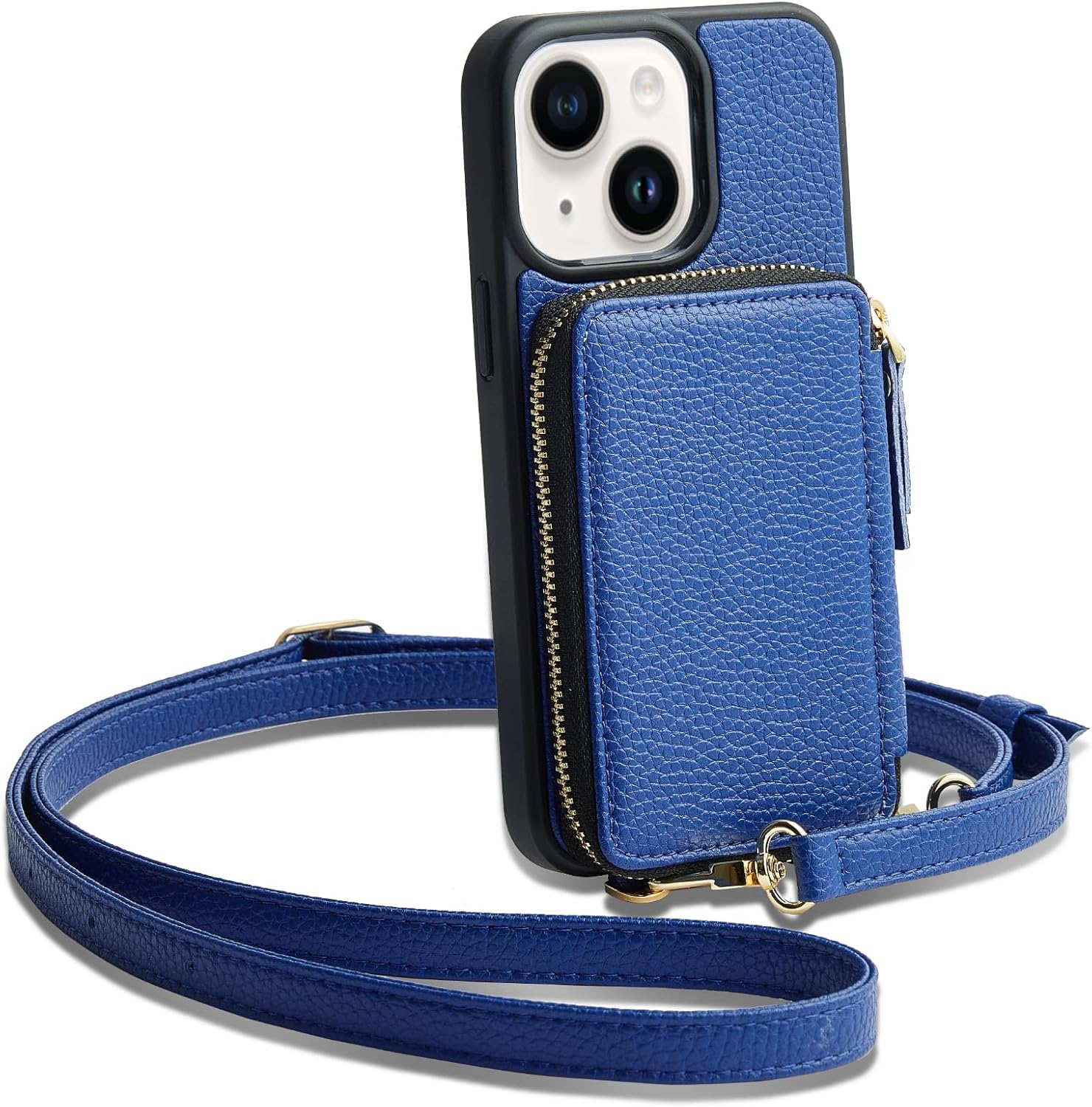 ZVE for iPhone 15 Crossbody Wallet Case, Card Holder Phone Purse for Women, RFID Blocking Zipper Leather Cover with Wrist Strap for iPhone 15 (6.1 inch)- Navy Blue