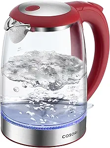 Cosori Electric Kettle, No Plastic Filter & Spout, Tea Kettle & Hot Water Boiler For Coffee & Tea, Water Heater & Teapot, Automatic Shut Off, Borosilicate glass, Red, 1.7L/1500W