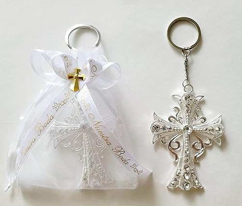 Miniatura 2 de 12 Nuestra Boda requerdos de organza con Llaveros Plateados de Cruz party set 12 pieces