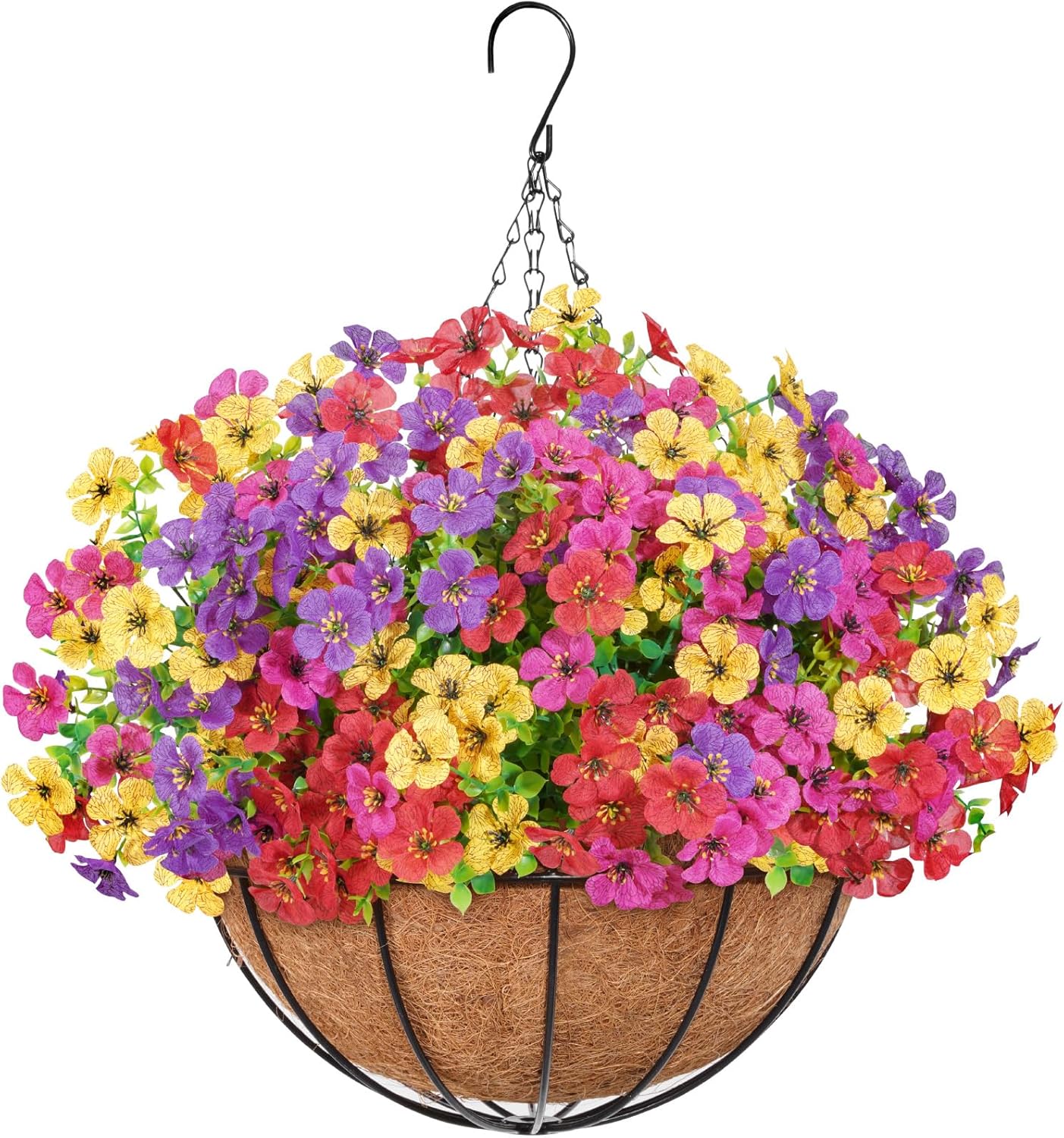 Lifewit 12 Bundles Artificial Hanging Daisy Flowers Baskets for Outdoor Decor, Plastic Fake Flowers for Indoor Garden Porch Patio Balcony, Mix for Fuchsia Purple Yellow Red