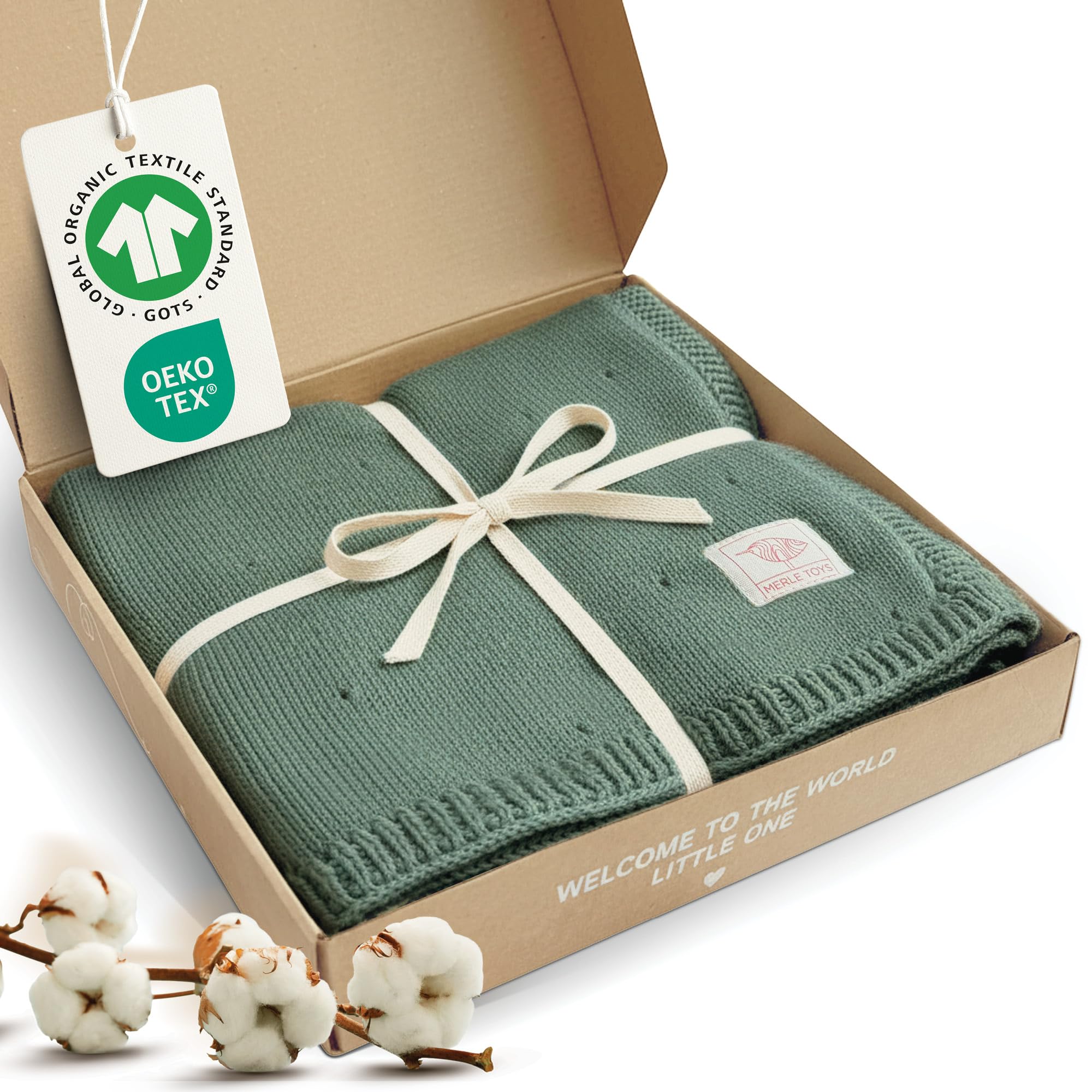 Merle Toys® Premium Babydecke Baumwolle, 100% Bio - GOTS & Oeko-TEX Zertifizierte Strickdecke, Baby Decke Neugeborenen, Kuscheldecke Baby, Blanket Newborn Cotton, Babydecke Bio Baumwolle, Grün