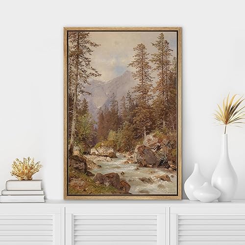 SIGNWIN Lienzo enmarcado para pared, diseño de pinos de otoño, bosque, río, paisaje, colorido, naturaleza, desierto, arte moderno, decorativo,