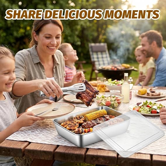 3 Pcs Stainless Steel Baking Trays Set, 25x20x5cm Deep Baking Sheet Pan, Rectangle Cake Tin Cooking Tray, Roasting & Food Storage, with Lids & 7 Food Tongs, for Fried Foods, Vegetables, Fruit, Bread
