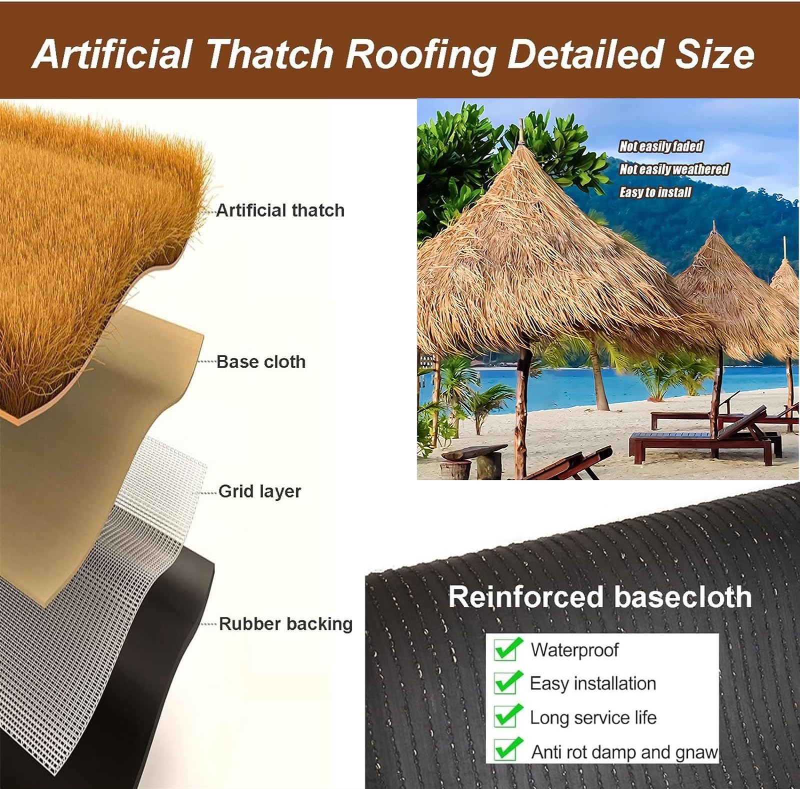 Künstliche Strohterrassendachabdeckung, 1 - 2 m breit, wasserdichte Strohrollen, Sonnenschutz für Tiki-Barhütte, Gartendekoration, Simulations-Stroh für Außenterrasse