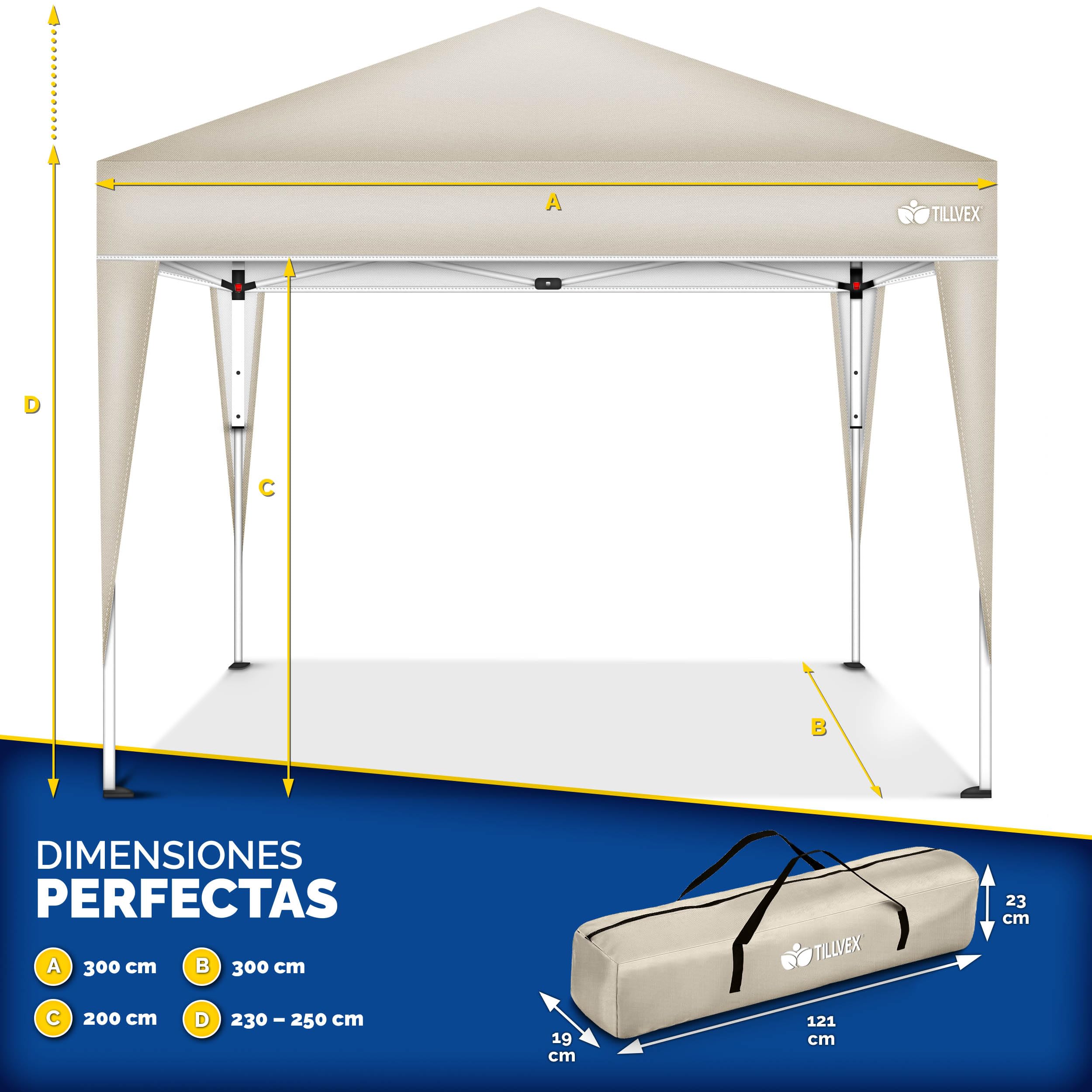 tillvex Gazebo Plegable Cenador 3x3m Impermeable | Pabellon de Jardin Pop-up Regulable en Altura | Carpa de jardín protección UV 50+ | Cenador de Fiesta con Bolsa (Beige)