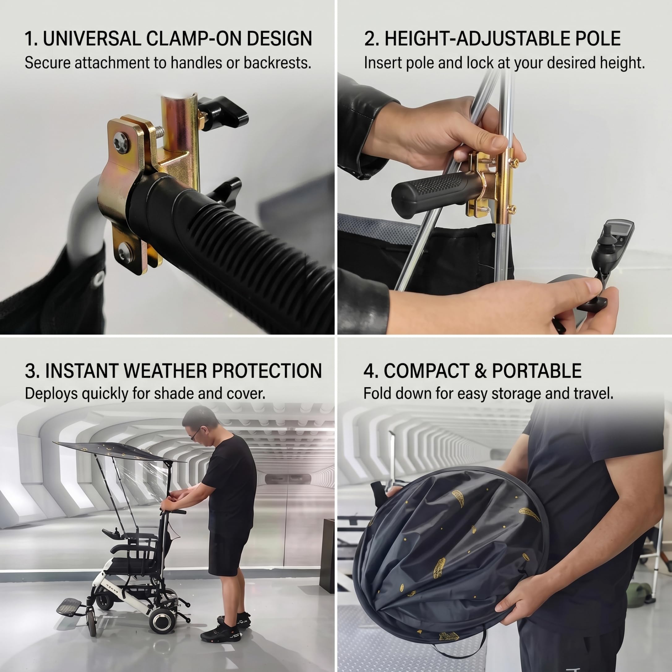 Paraguas para Silla de Ruedas, sombrilla portátil Ajustable, toldo para Silla de Ruedas al Aire Libre para sillas de con Asas de Empuje, Negro, Cubierta para Lluvia
