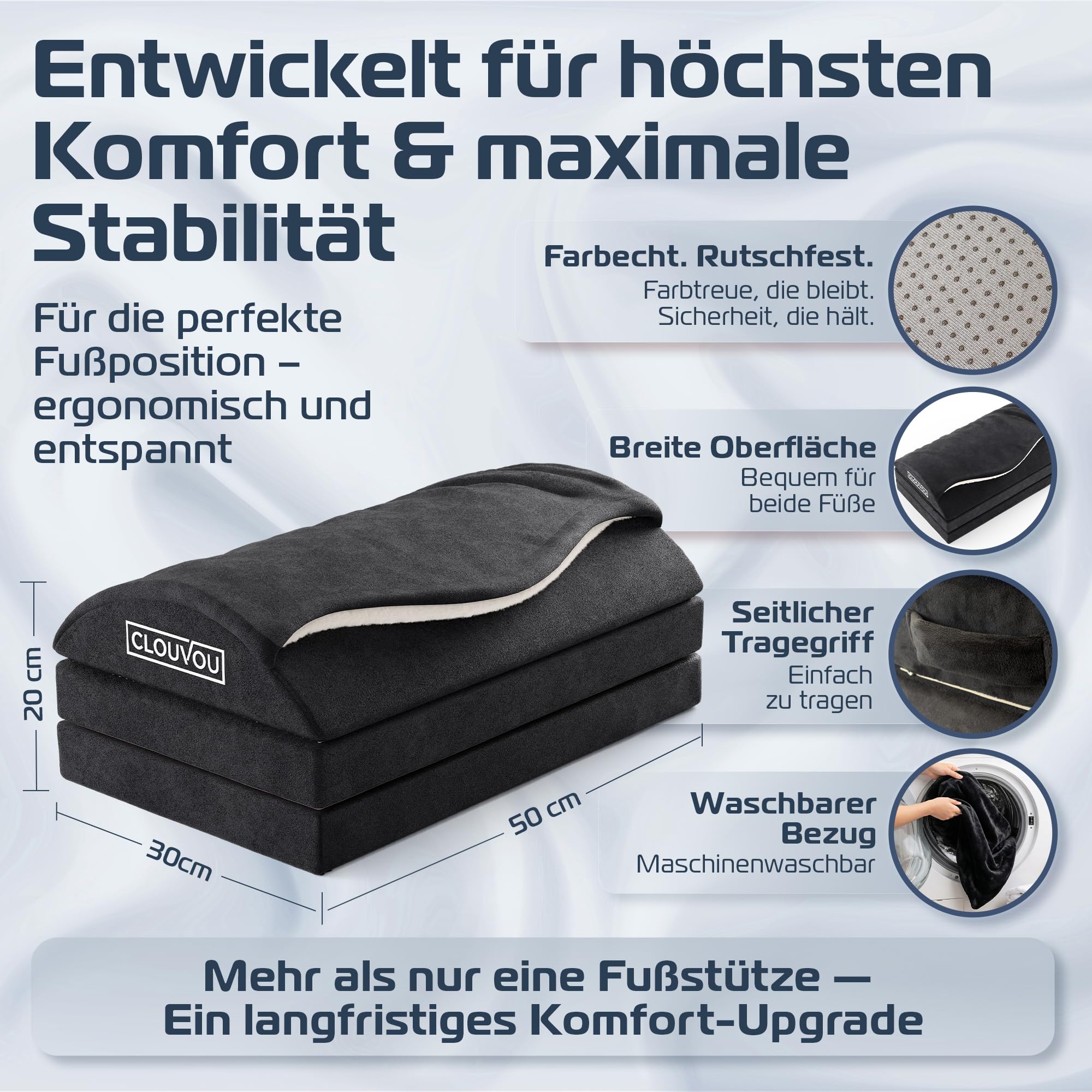 CLOUVOU MasterRest Ergonomische Fußstütze Schreibtisch [TESTSIEGER] Fußhocker höhenverstellbar - Fußablage Schreibtisch - Fußstütze Büro - Fußkissen für Homeoffice - Traumhaft Flauschig