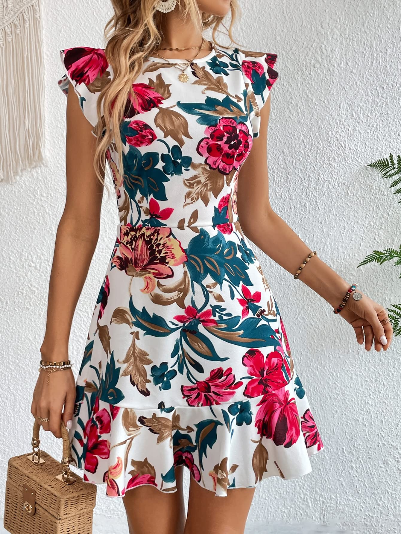 Shasmi Kurzes Sommerkleid im Boho-Stil, einteilig, kurzärmelig, mit Rüschenbesatz, für Damen und Mädchen, elegantes Kleid (Midi 170)