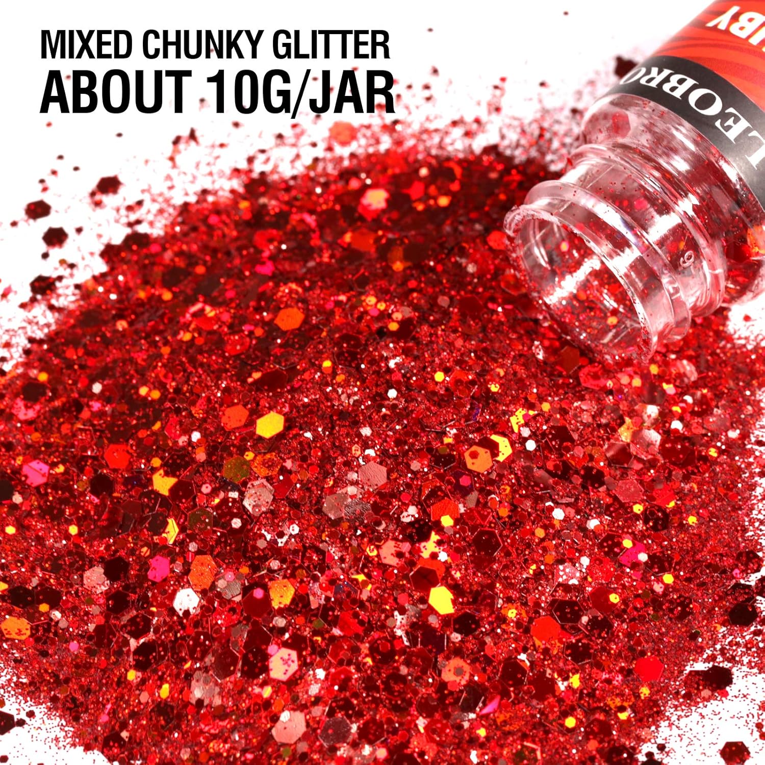 Holographic Chunky Glitter, Set of 15 Colors, LEOBRO Resin Glitter Craft Glitter with 10 PCS Stir Spoons, Cosmetic Nail Glitter, Glitter for Resin Arts Crafts, Body, Face, Nail, Glitter Slime Making