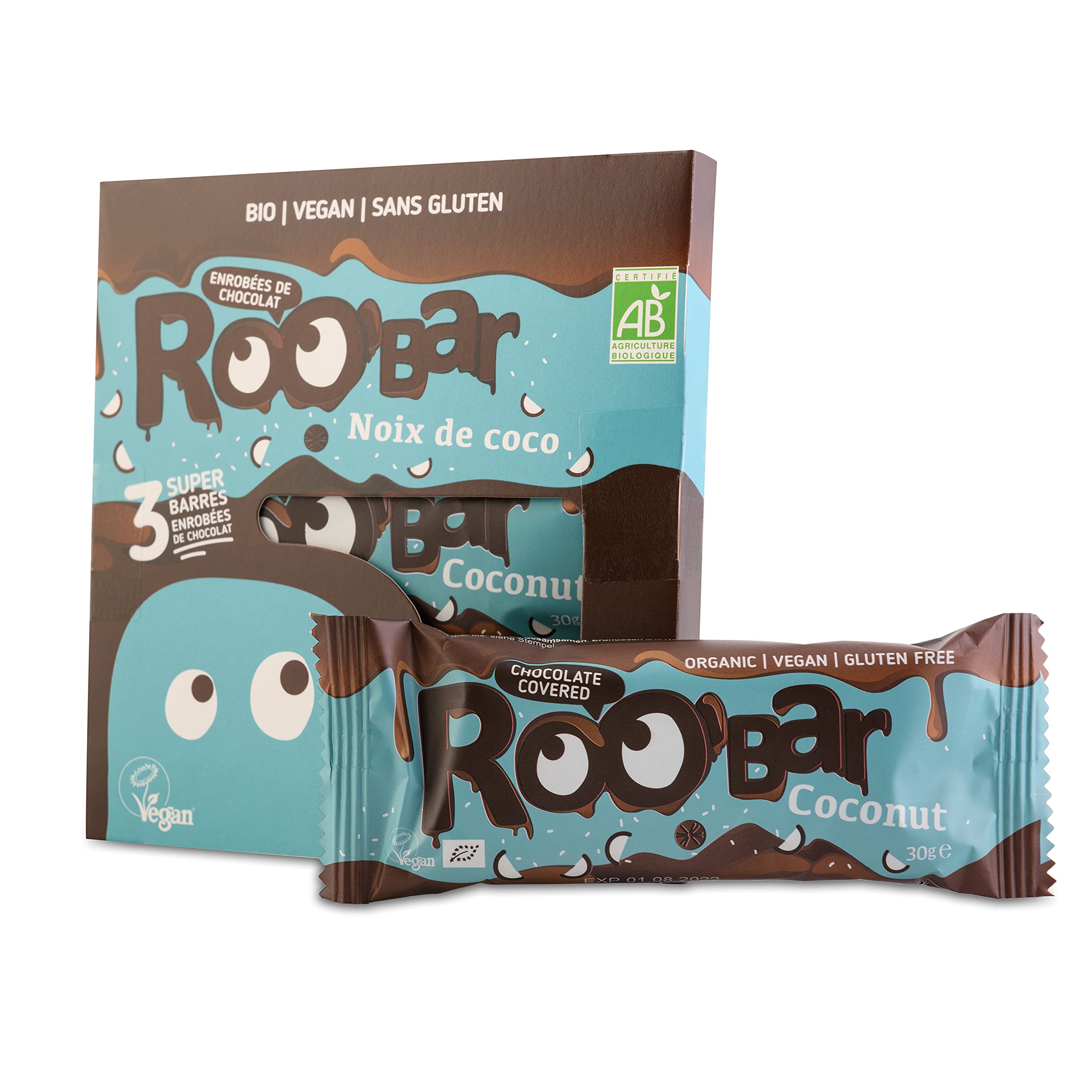 Roo'bar Barres Vegan sans Gluten Noix de Coco Enrobées Chocolat Noir - Lot de 3 - encas sportif - snack sain - 100% naturel
