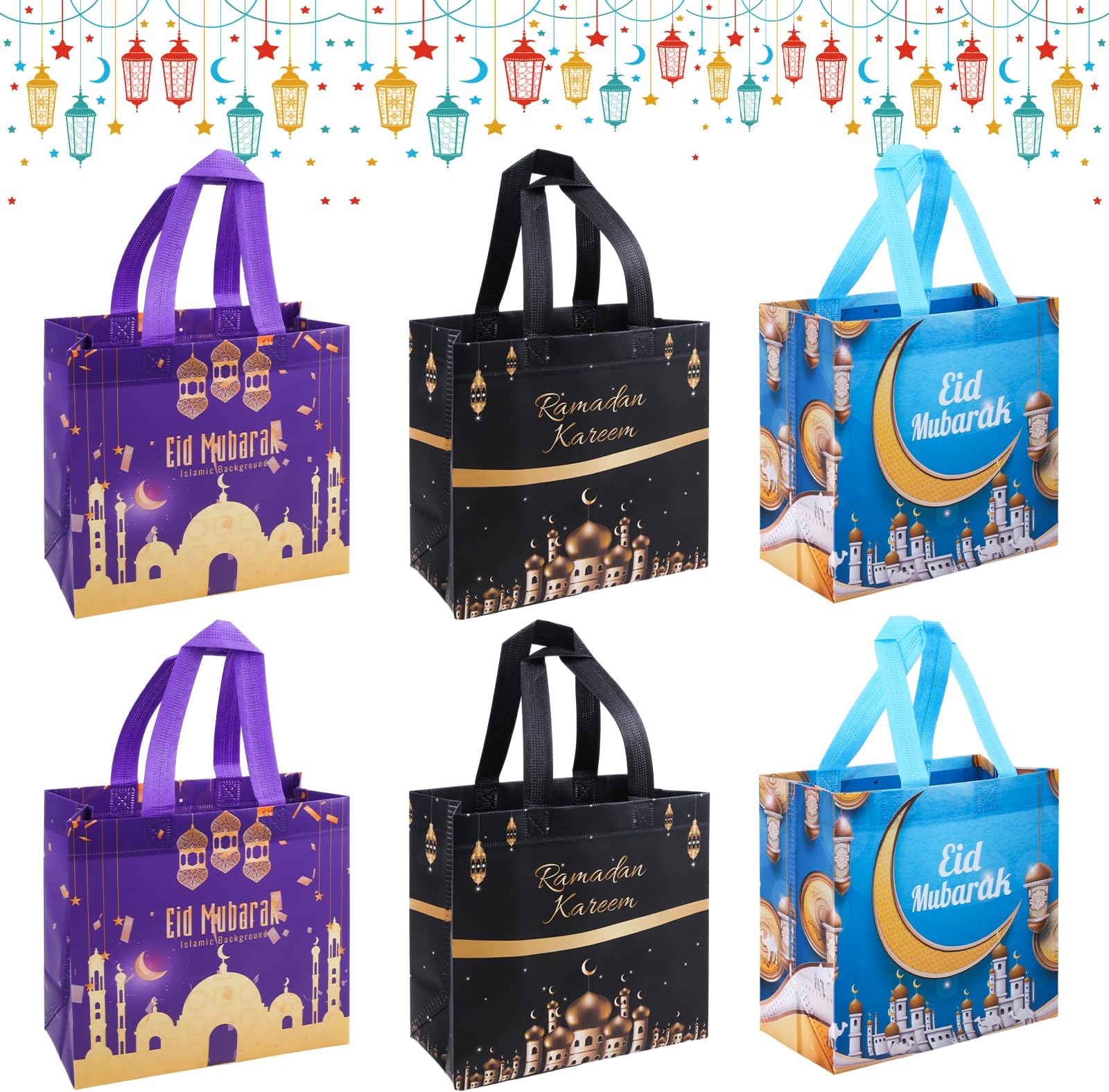6Pcs Ramadan Gift Bags, 3 Styles Eid Mubarak Gift Bags, Multifunctional Non-Woven Eid Gift Bags, Ramadan Mubarak Gift Bags Goody Boxes, Bags for Ramadan Kareem Muslim Islamic Party Gifts