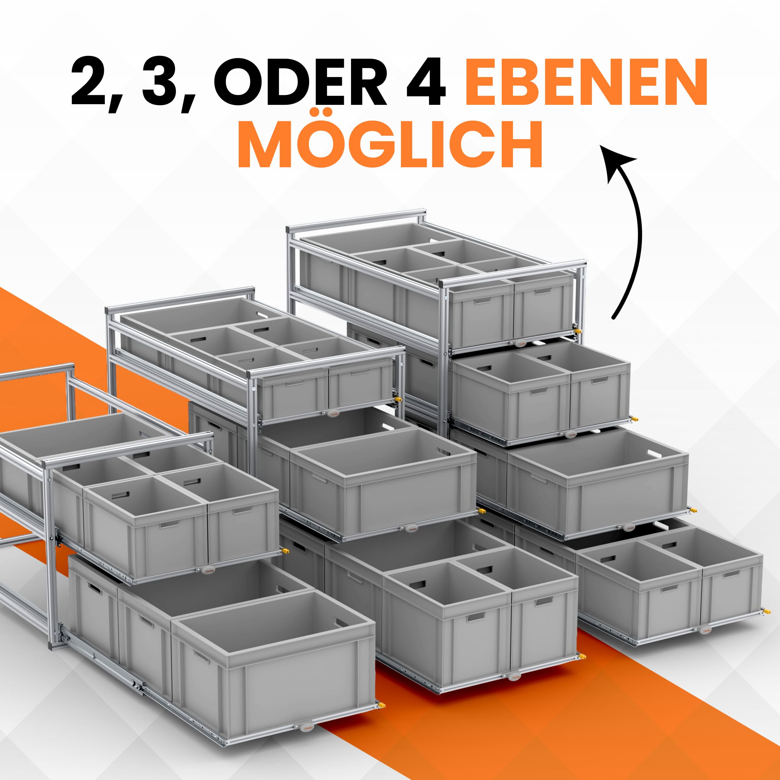 Heckschublade Kastenwagen 120 cm - Auszugregal oder Schubladensystem für Euroboxen 60x40 und 30x40, 2-4 Etagen, Höhe konfigurierbar, Breite 30 cm