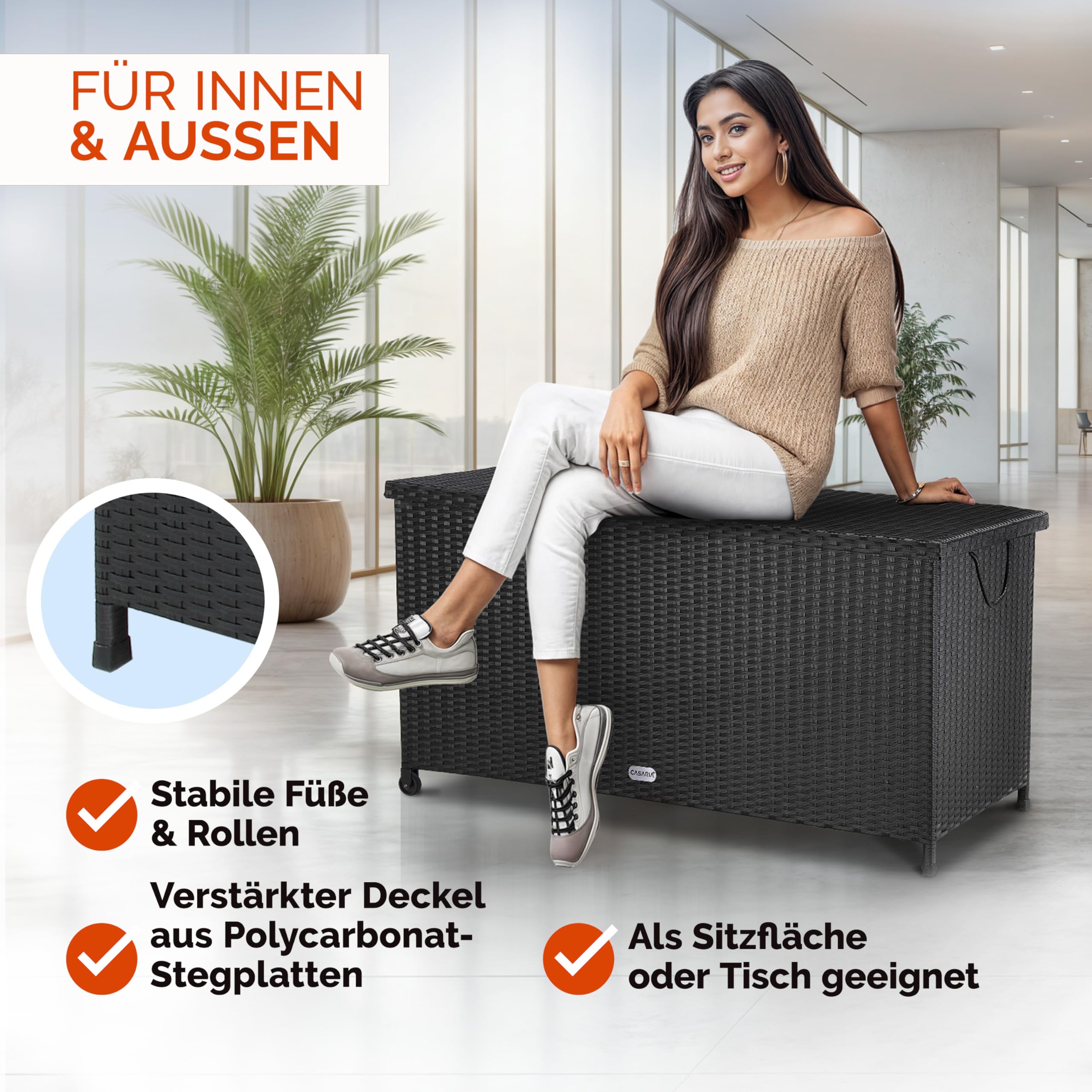 Casaria® Gartenbox Auflagenbox mit Rollen 270L Stauraum UV-beständig Handgriffe Gasdruckfeder Wetterfest 117x53cm Garten Aufbewahrungsbox Schwarz