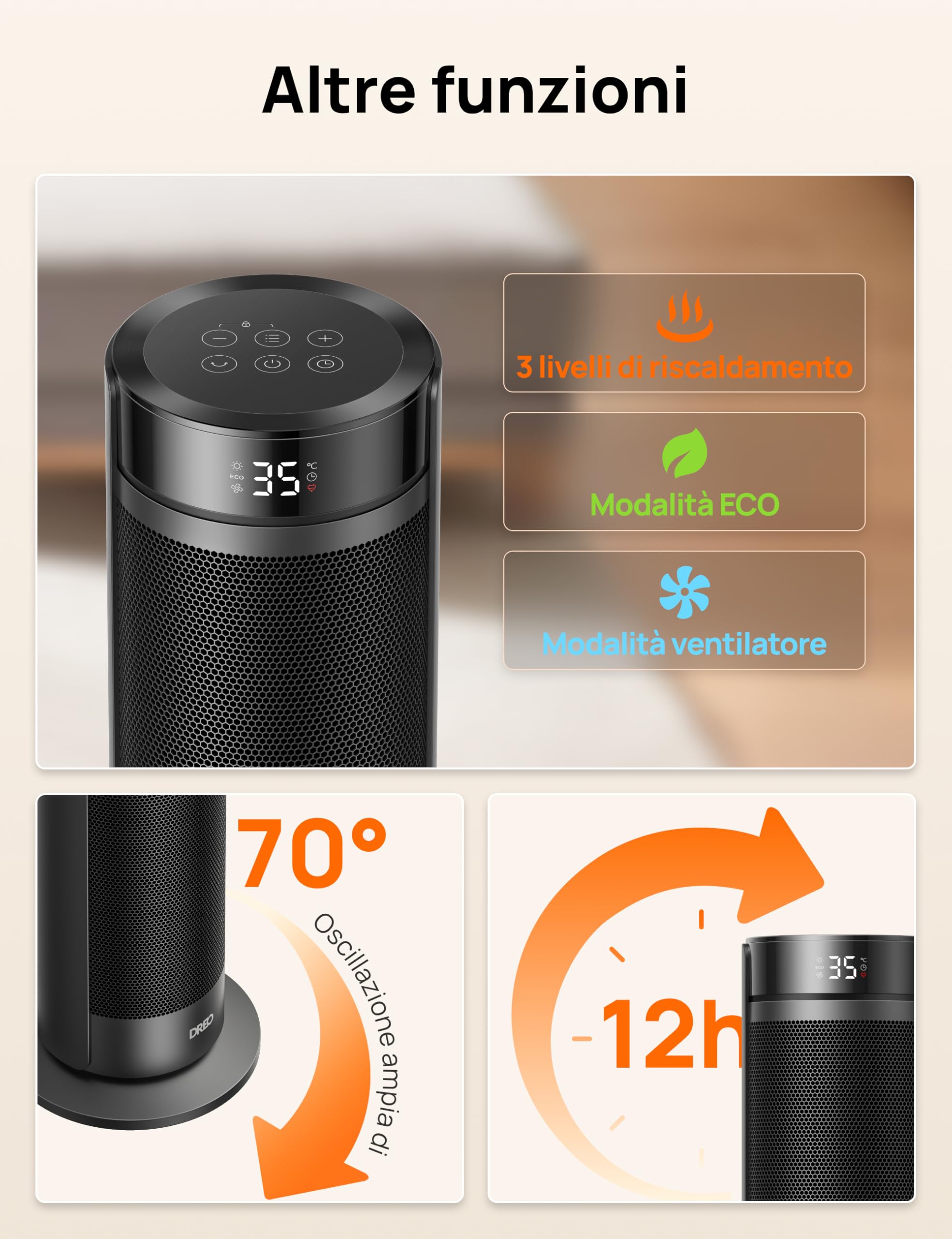 DREO Stufa a Torre 23 Pollici 2000W Silenziosa, Riscaldatore Portatile con Telecomando, Oscillazione 70°, Timer 12H, 5 Modalità, Termoventilatore in Ceramica PTC con Termostato per Casa e Ufficio