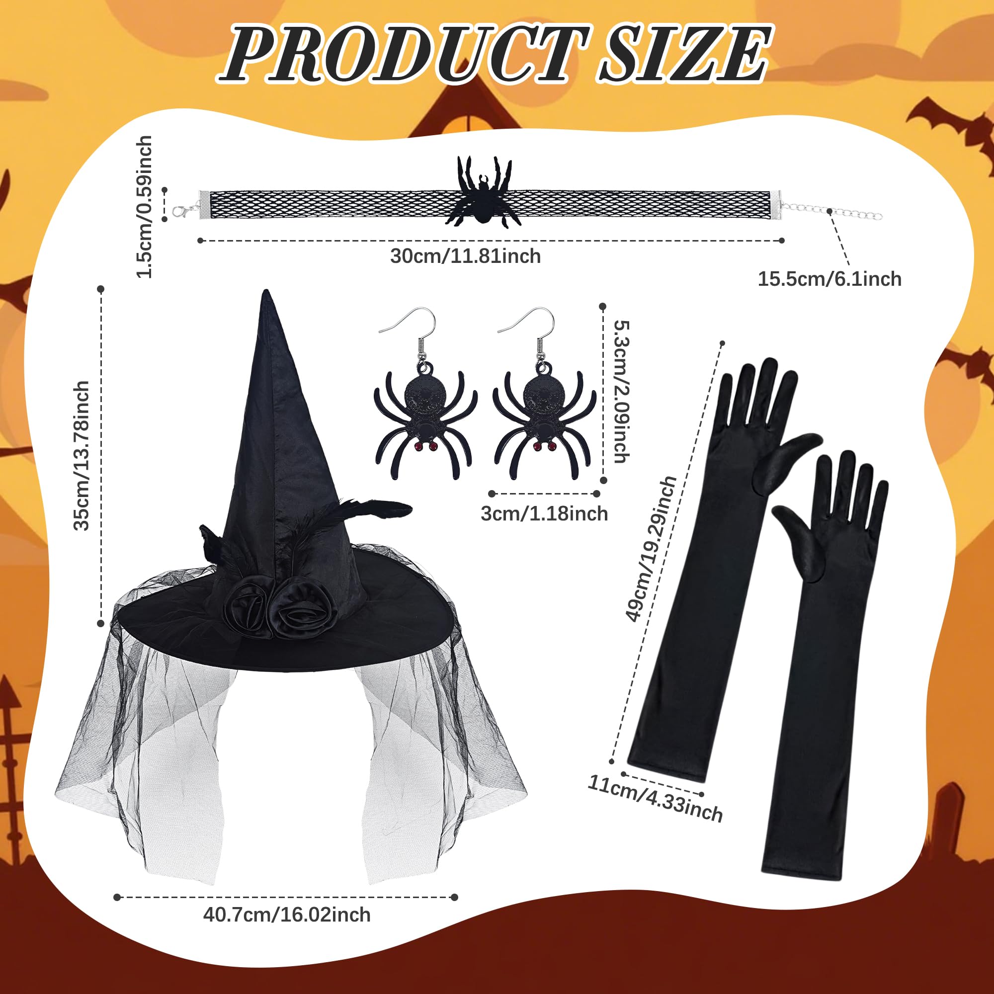 Alaxciax Witch Hat Costume Accessories, Black Witches Hat with Gloves Earrings Choker Necklace for Women Halloween Cosplay Party - Image 3
