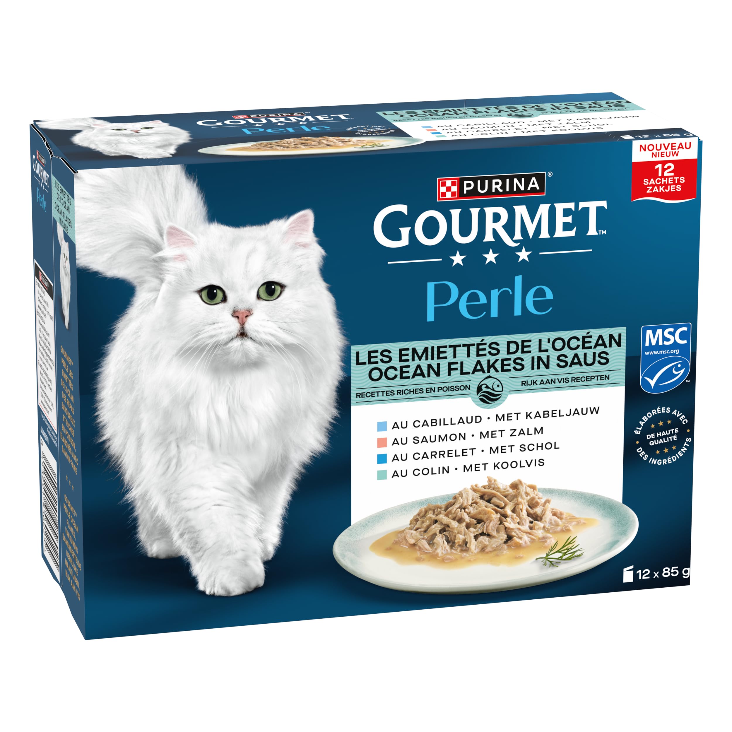 GOURMET | Perle | Les Emiettés de l'Océan | Aliment Humide Complet pour Chat Adulte| Au Poisson certifié de l'écolabel MSC : Saumon, Colin, Carrelet, Cabillaud | Sachets Fraîcheur | 12 x 85g