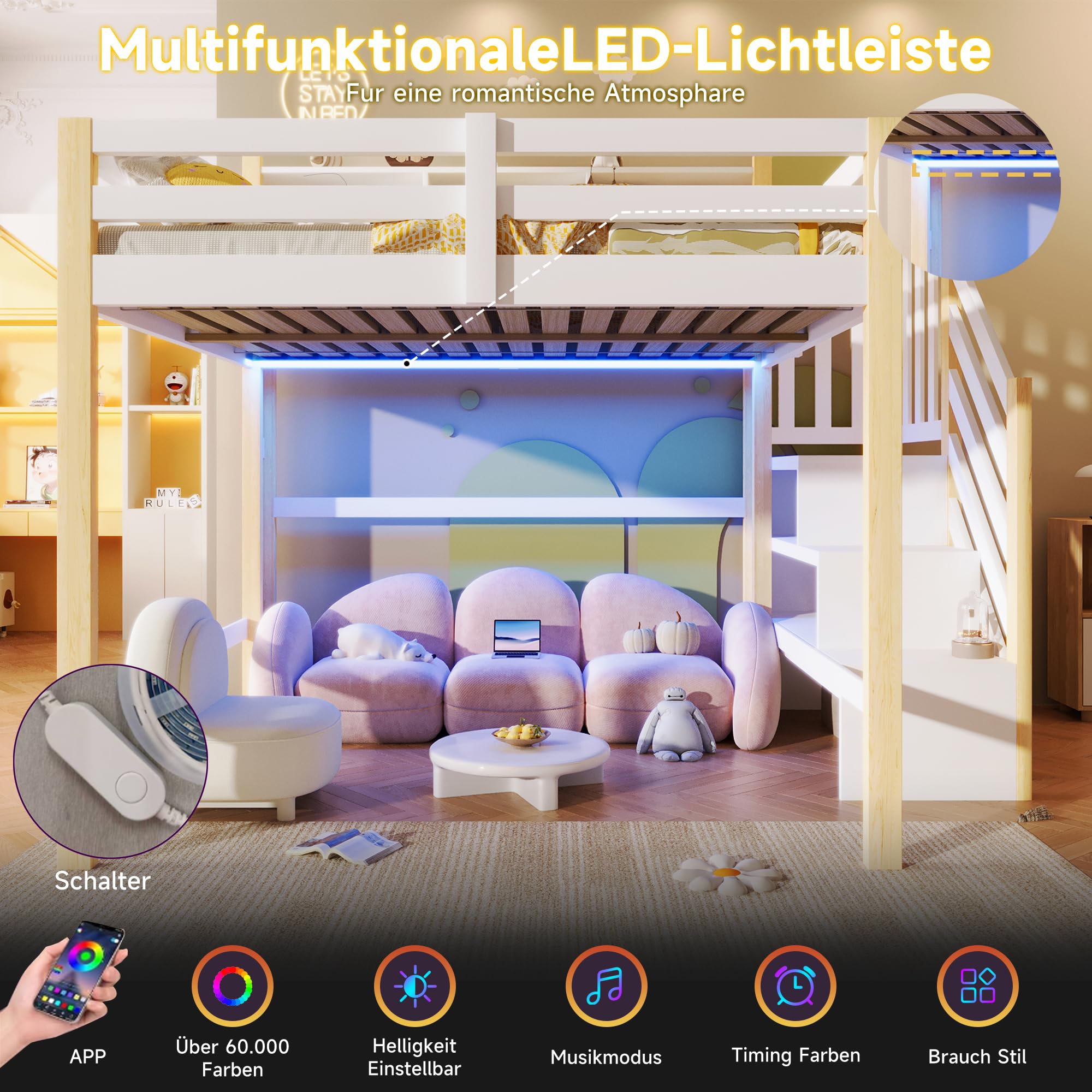 BTM Holz Hochbett 140x200 mit Stauraum und LED-Leuchten Kinderhochbett mit Rausfallschutz, Treppe Weiß+Natur