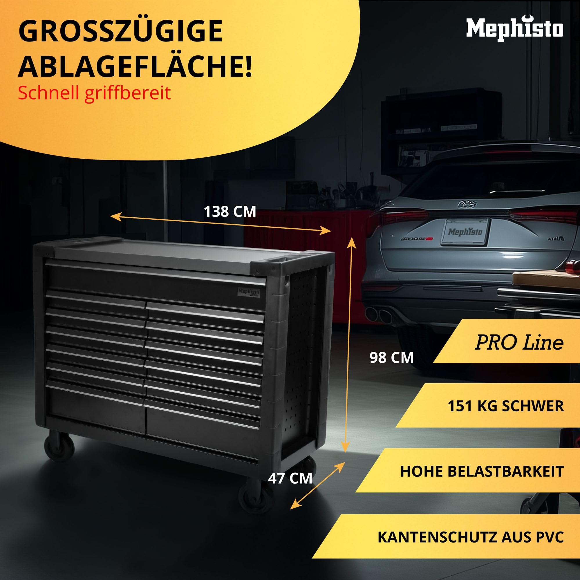 Mephisto Pro-Line Werkzeugwagen Werkstattwagen Double Full Black gefüllt mit 13 Schubfächern inkl. Werkzeug wie VDE Zangen, Steckschlüssel, Ratschen in Soft Inlays in Carbon Lock